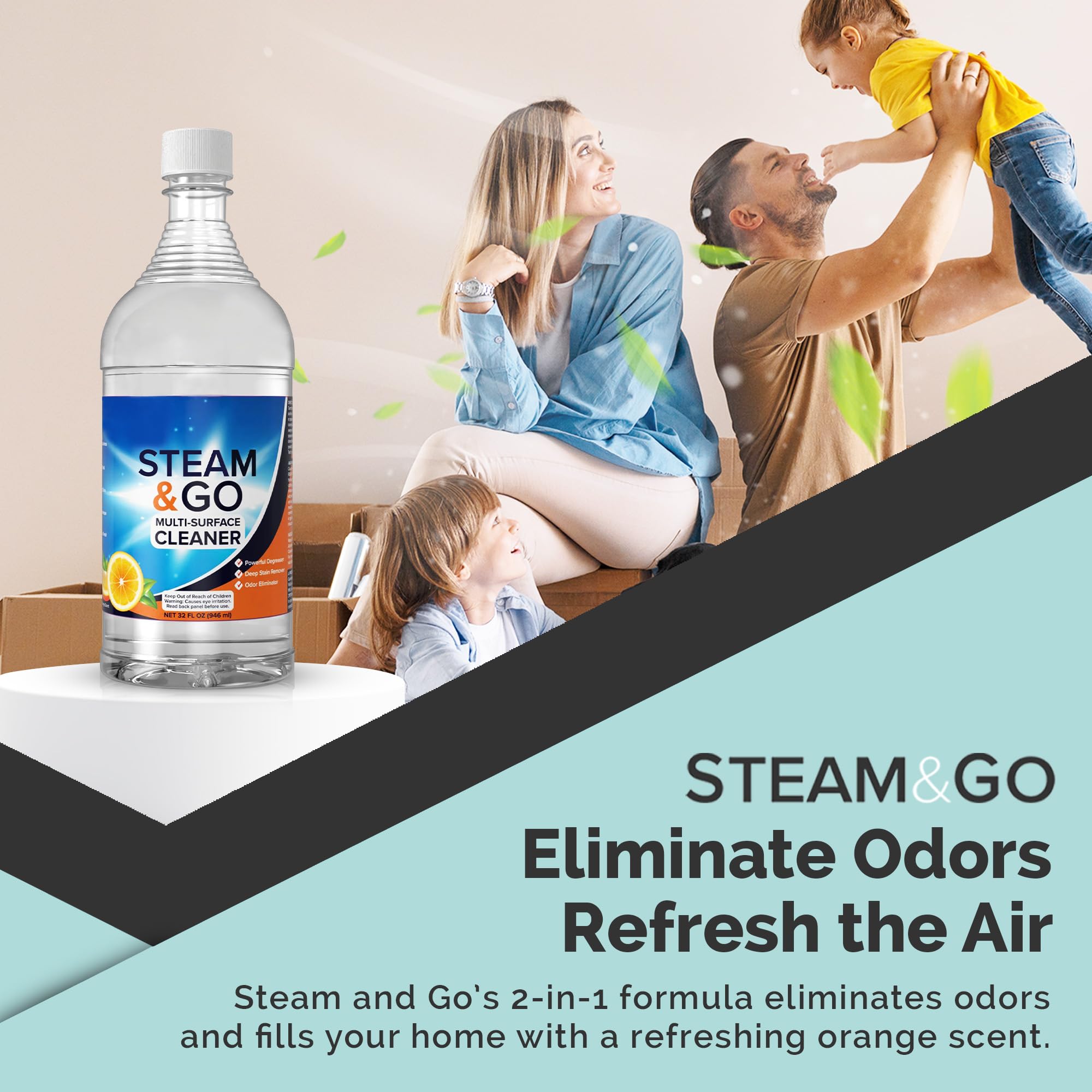 Steam & Go Multi-Purpose Cleaner Spray with Oxy Power for Multi-Surfaces - Removes Stains, Eliminates Odors, & Degreases - Orange Scent, 32 oz