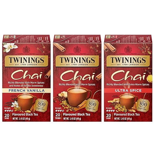 Twinings Chai Tea Variety 3-Pack - Chai, Ultra Spice Chai, and French Vanilla Chai, Caffeinated Black Tea Bags, 20 Count Each