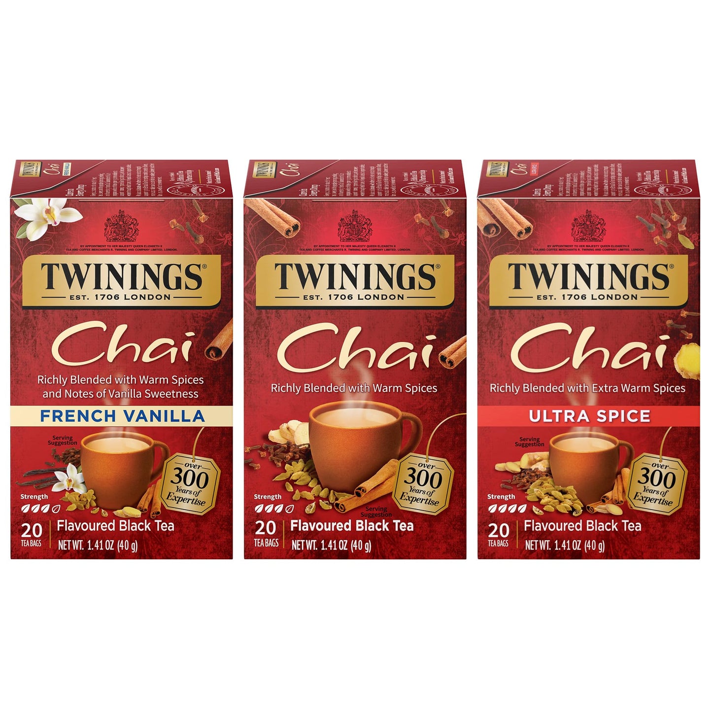Twinings Chai Tea Variety 3-Pack - Chai, Ultra Spice Chai, and French Vanilla Chai, Caffeinated Black Tea Bags, 20 Count Each