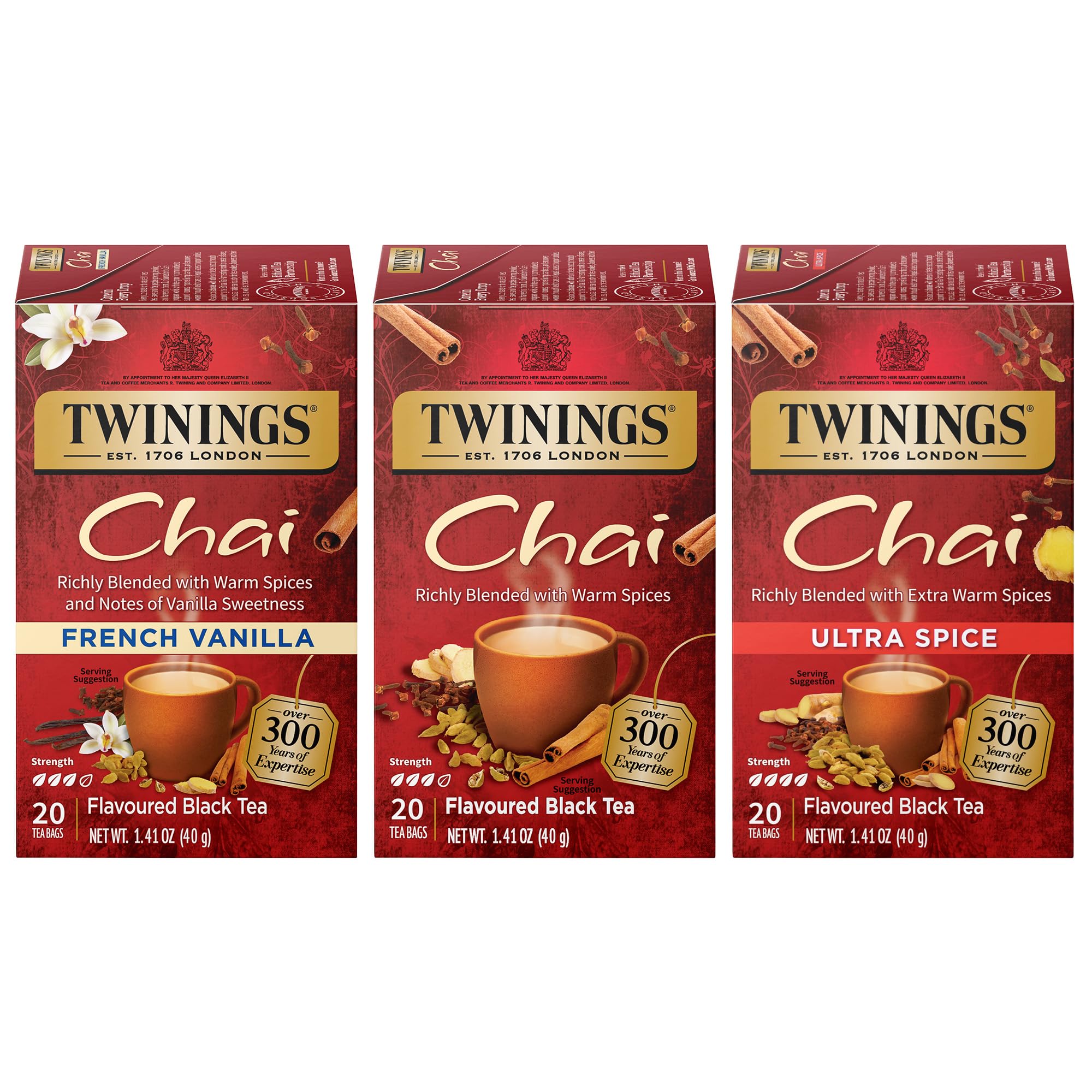 Twinings Chai Tea Variety 3-Pack - Chai, Ultra Spice Chai, and French Vanilla Chai, Caffeinated Black Tea Bags, 20 Count Each