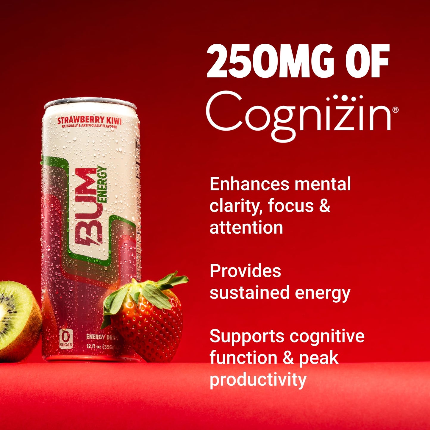 BUM Sugar-Free Energy Drink, Strawberry Kiwi, Lightly Carbonated and Gluten Free with 112mg of Natural Caffeine & Nootropics for Energy & Focus, Brain