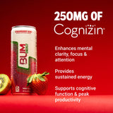 BUM Sugar-Free Energy Drink, Strawberry Kiwi, Lightly Carbonated and Gluten Free with 112mg of Natural Caffeine & Nootropics for Energy & Focus, Brain