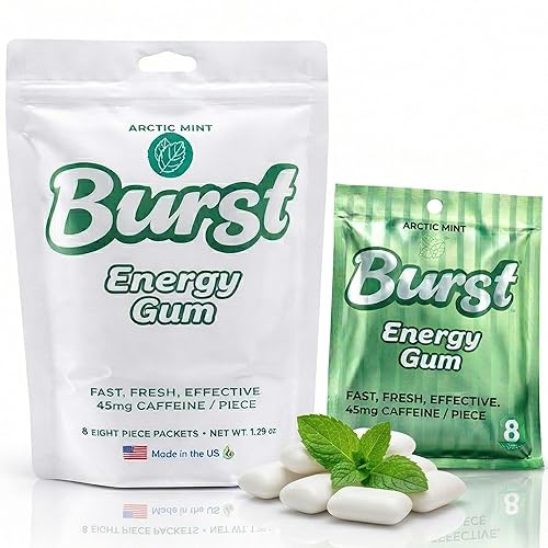 Burst Energy Gum - 45mg Caffeine Per Piece, Focus & Energy Burst, Arctic Mint 8 Packs of 8 (64 Pieces), Manage Stress & Functional Gum, Hunger Control
