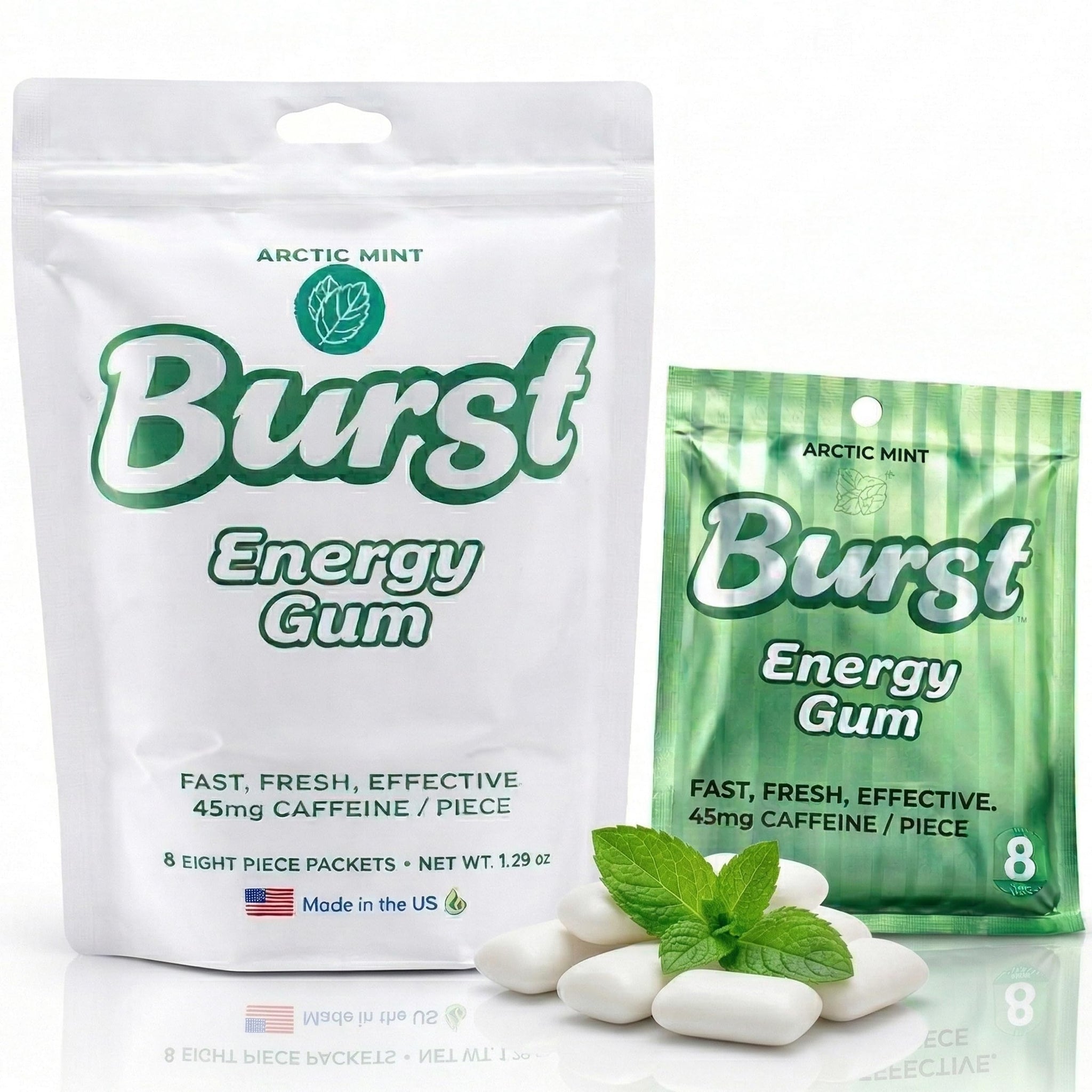 Burst Energy Gum - 45mg Caffeine Per Piece, Focus & Energy Burst, Arctic Mint 8 Packs of 8 (64 Pieces), Manage Stress & Functional Gum, Hunger Control