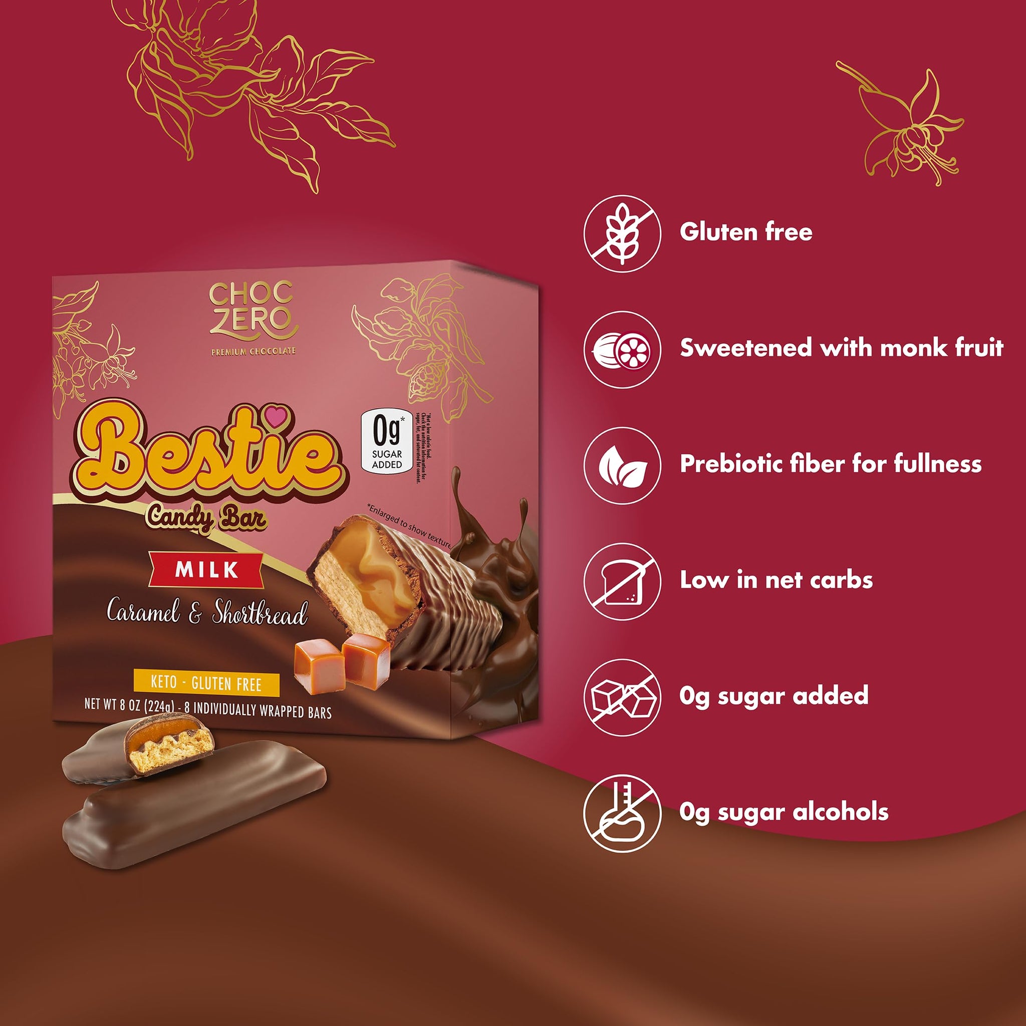 ChocZero Milk Chocolate Caramel & Shortbread Candy Bars - No Added Sugar, High Fiber, Gluten Free, Keto Friendly Bestie Bars (8 Count Box)