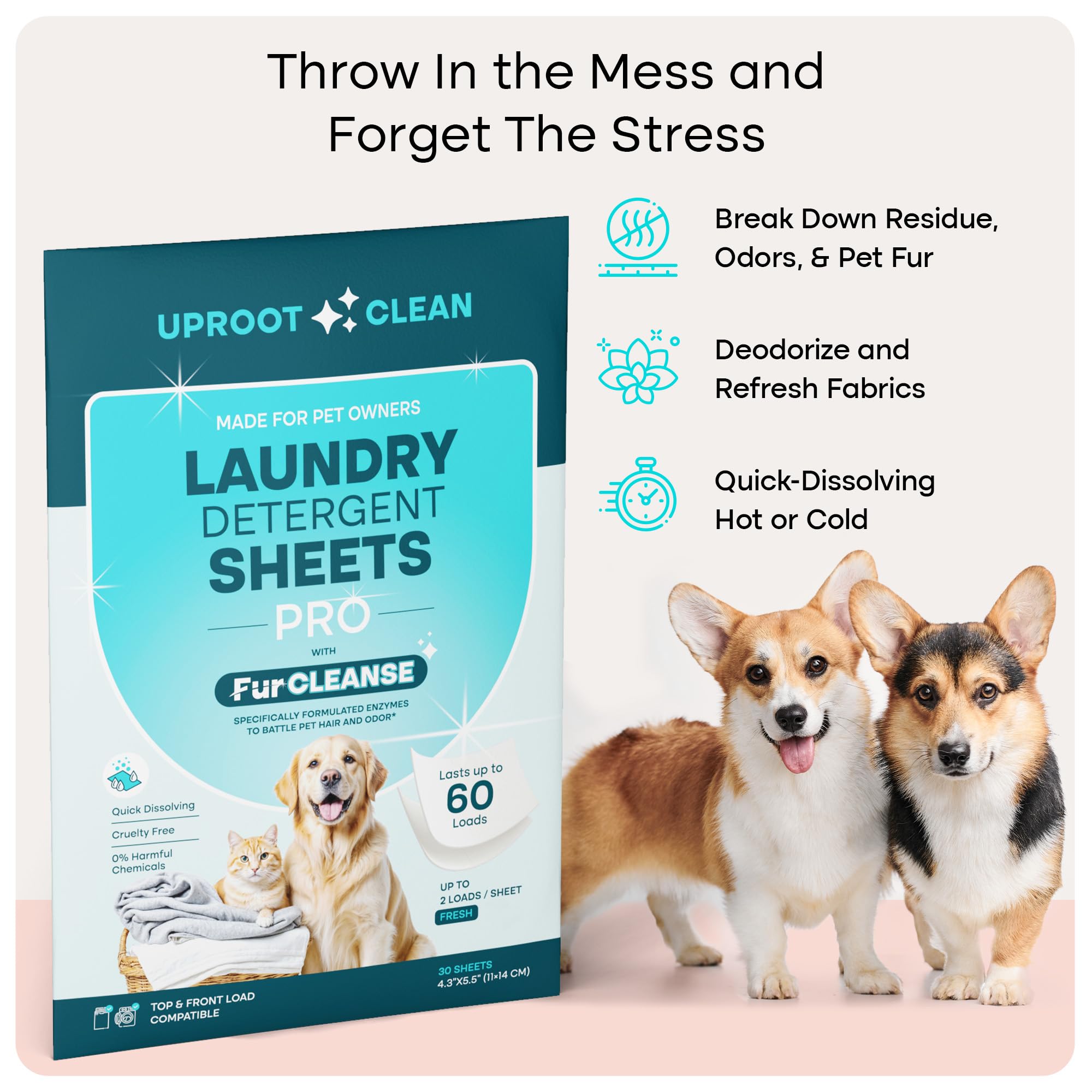 Uproot Clean Laundry Sheets Pro - 30 Pack - Fresh Scent: Mineral-Powered Laundry Detergent Sheets Travel Pack - Eliminate Clinging Fur, Pet Odors