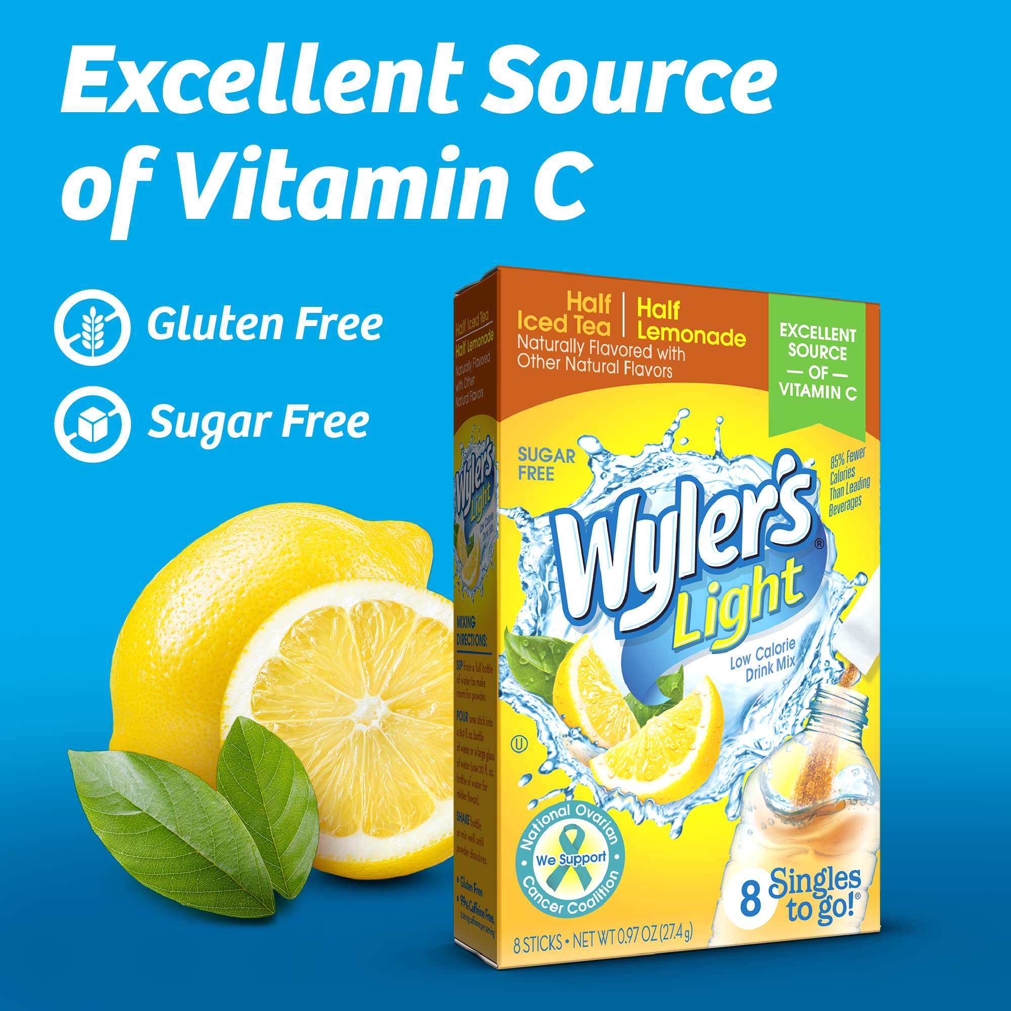 Wyler's Light Singles To Go Powder Packets, Water Drink Mix, Half Iced Tea/Half Lemonade, 96 Single Servings (Pack of 12)