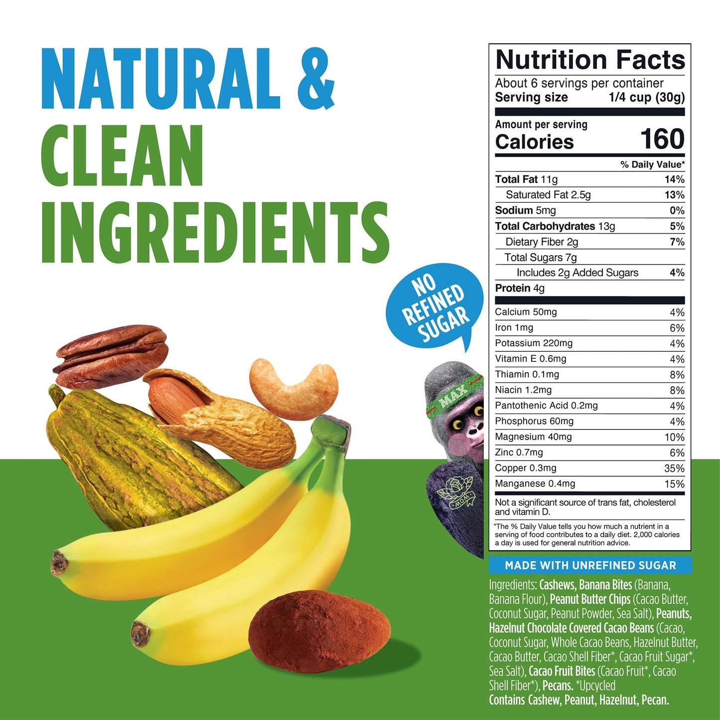 Blue Stripes - Trail Mix, Peanut Butter Banana, Cashews, Peanut Butter Chips, Healthy Snacks for Adults, Whole 70% Cacao, With Unrefined Sugar, Non