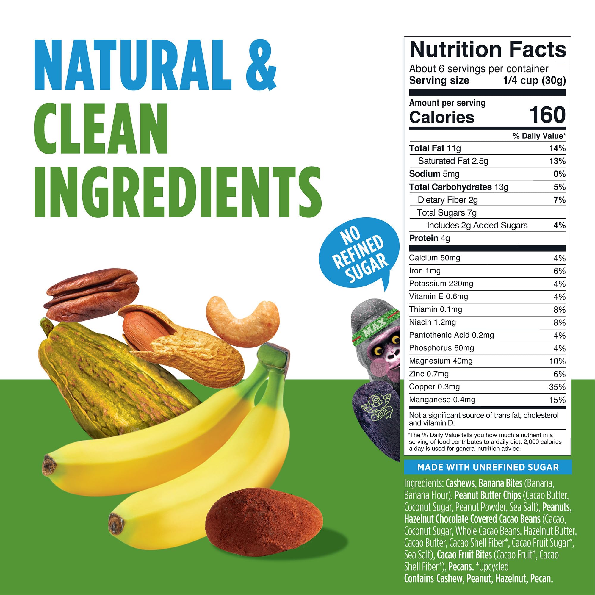 Blue Stripes - Trail Mix, Peanut Butter Banana, Cashews, Peanut Butter Chips, Healthy Snacks for Adults, Whole 70% Cacao, With Unrefined Sugar, Non