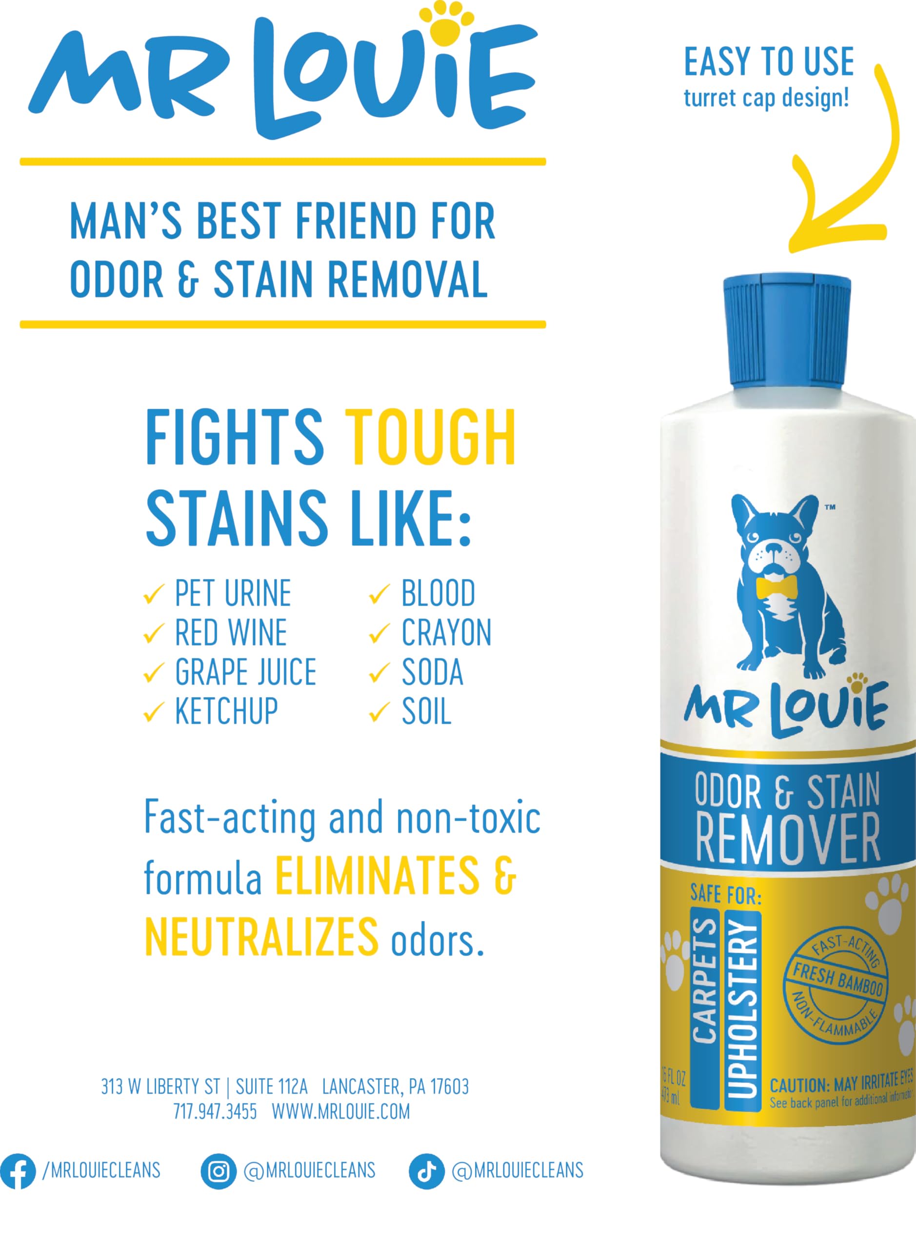 MR LOUIE Stain & Odor Remover for Carpet & Upholstery - Precision Pour No-Spray Cleaner Tough on Dog & Cat Urine, Vomit & Kid Stains with No Chemical