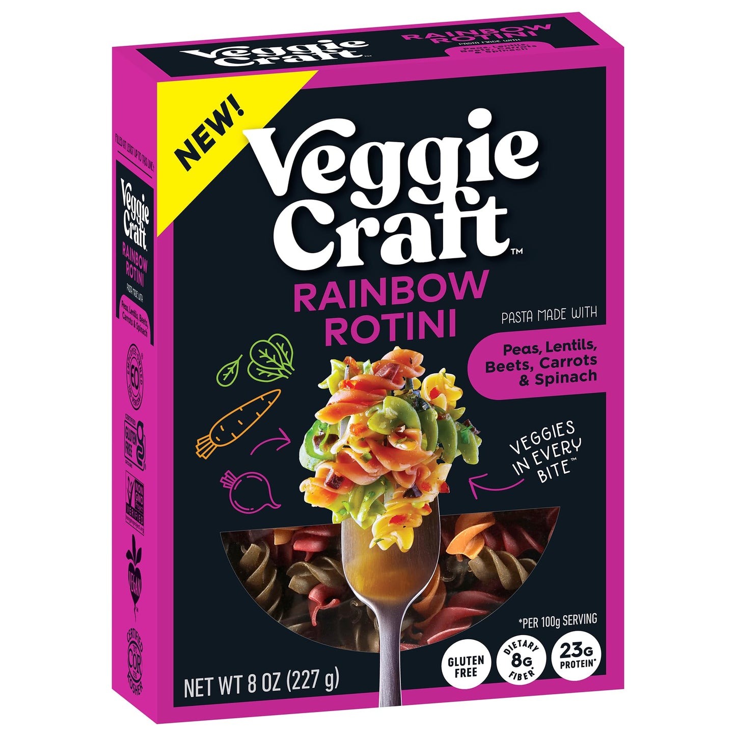 Veggiecraft Farms Rainbow Rotini Pasta - Lentil Protein Pasta with Pea & Spinach, Gluten Free Noodles, High Fiber, Vegan, 23 g Protein Per Serving - 8