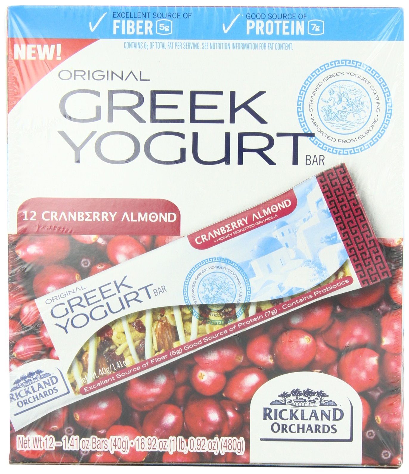 Rickland Orchards Greek Yogurt Covered Granola Bar, Cranberri Almond, 1.4 Ounce (Pack of 12)