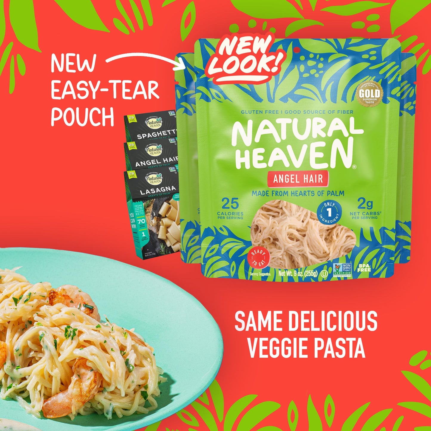 Natural Heaven Hearts of Palm Pasta Variety 3-Pack - Spaghetti Noodles, Angel Hair, Lasagna, Low-Calorie, Keto & Gluten-Free Food, Vegan, 9 Oz Ea