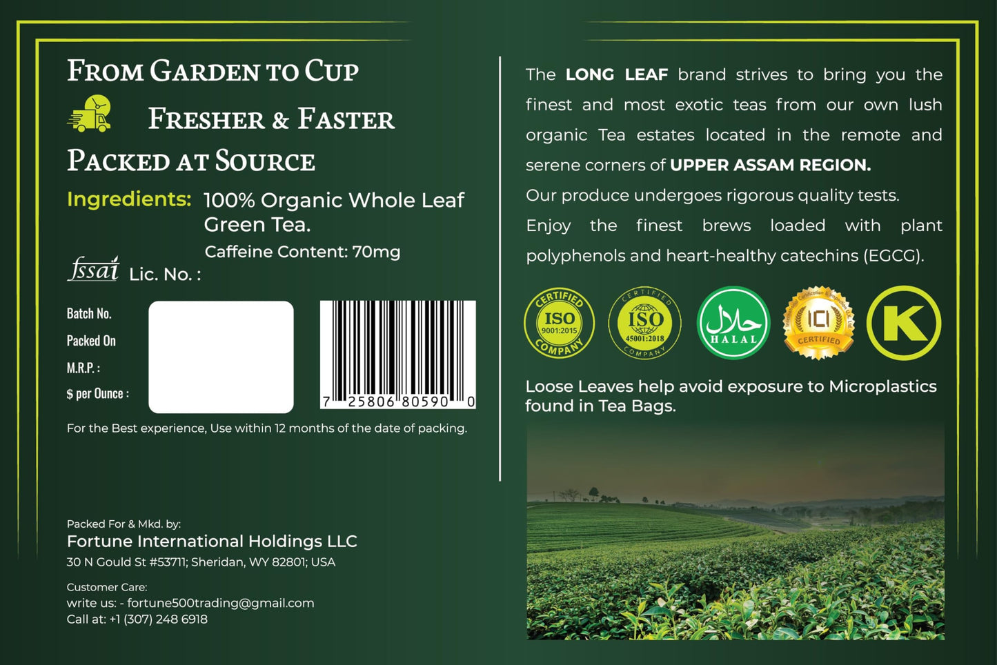 CLASSIC ASSAM GREEN TEA, Green Tea, Loose Leaf (250g/8.81oz)/100 Cups | Non-GMO, 100% Pure Organic Green Tea Leaves Sourced from Lush Brahmaputra
