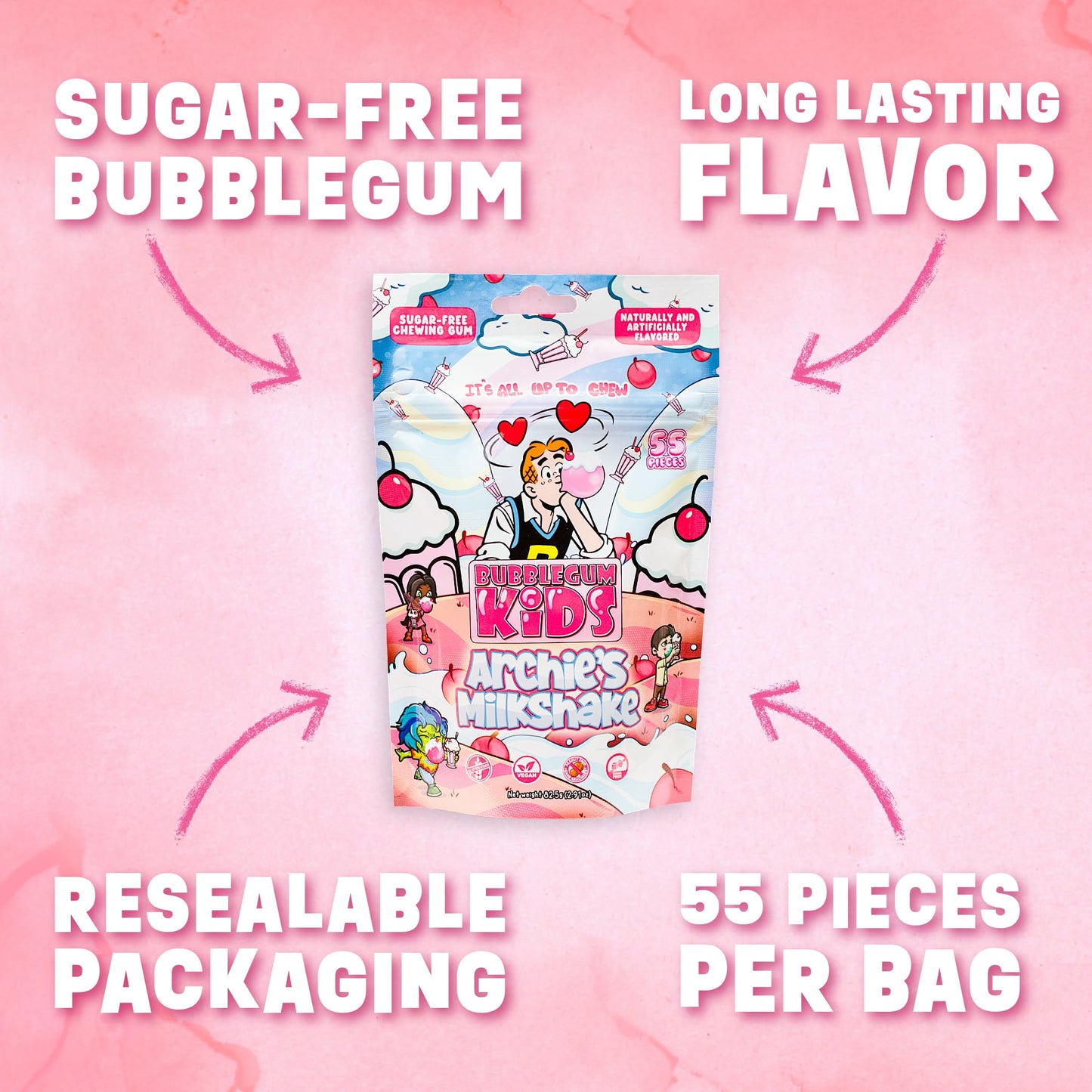 Archie’s Milkshake Sugar Free Gum by Bubblegum Kids | Milkshake Flavor Sugarless Gum with Xylitol | Vegan, Low Calorie Candy Alternative for Kids