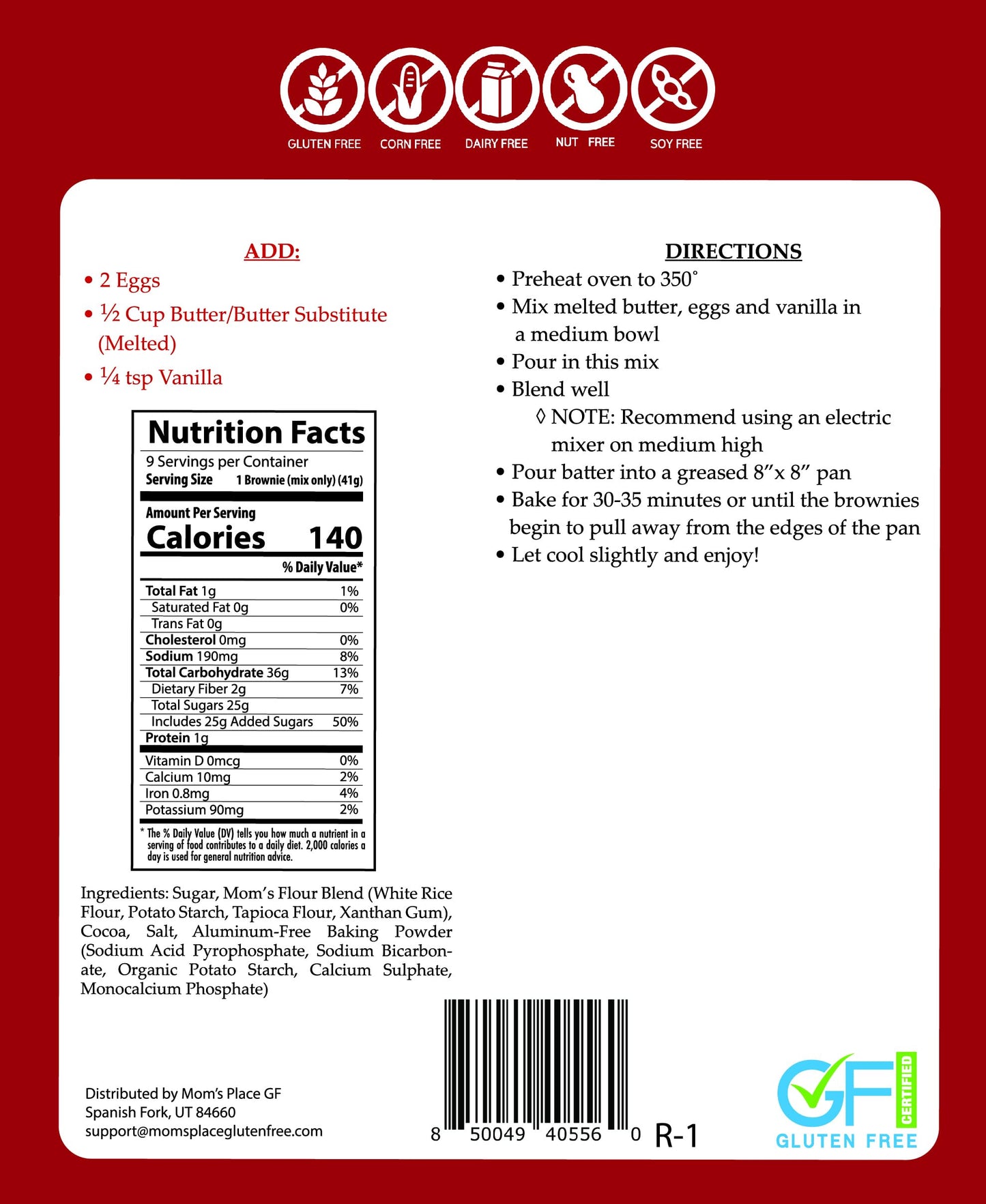 Mom's Place Gluten-Free Chocolate Brownie Mix, Dessert Baking, Easy to Make, 9 Servings, Nut Free, Dairy Free & Soy Free, 12.8 oz