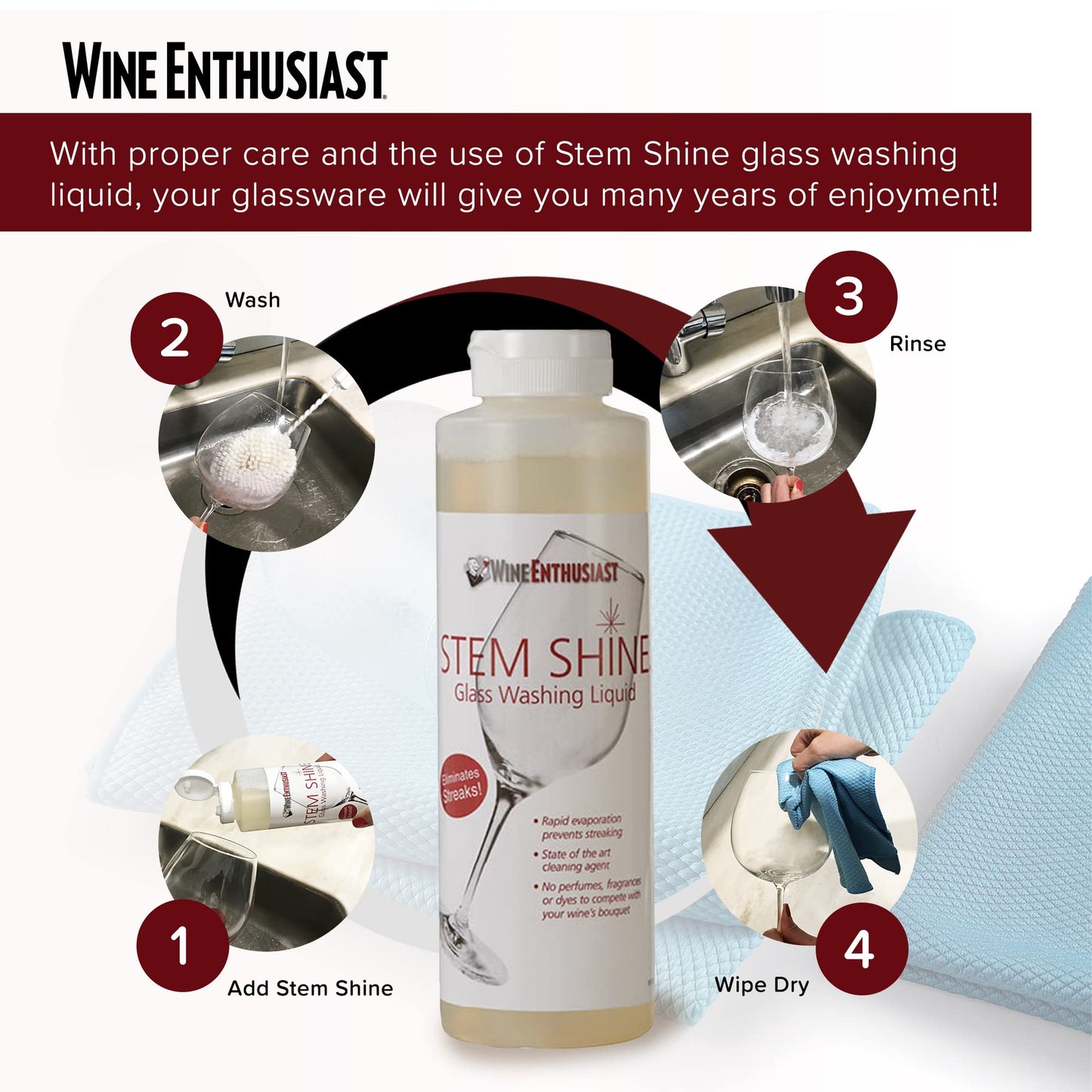 Wine Enthusiast Stem Shine - Wine Glass Liquid Cleaner to Eliminate Streaks, Remove Odor, Clean Contaminants & Grim - Hand Wash Delicate Glassware