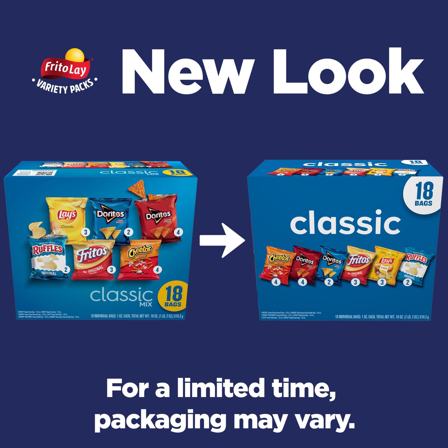 Frito-Lay Snacks Variety Pack, Classic Mix, Single Serve Snack Bags, (18 Pack), Ruffles, Fritos, Cheetos, Lay's, Doritos, Chips