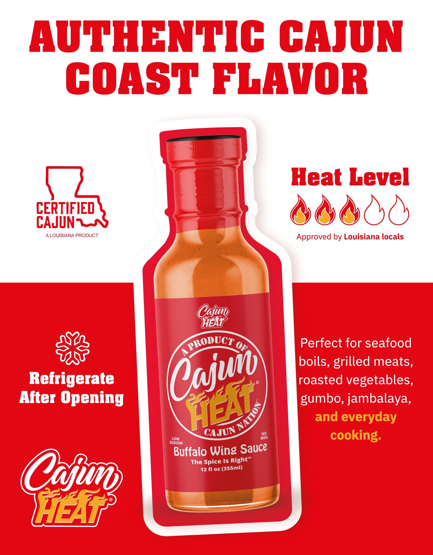 Cajun Nation CAJUN HEAT Buffalo Wing Sauce 12oz - Spicy Flavor for Buffalo Wings, Chicken Dip, and Wild Wings with No MSG - Authentic Louisiana Style