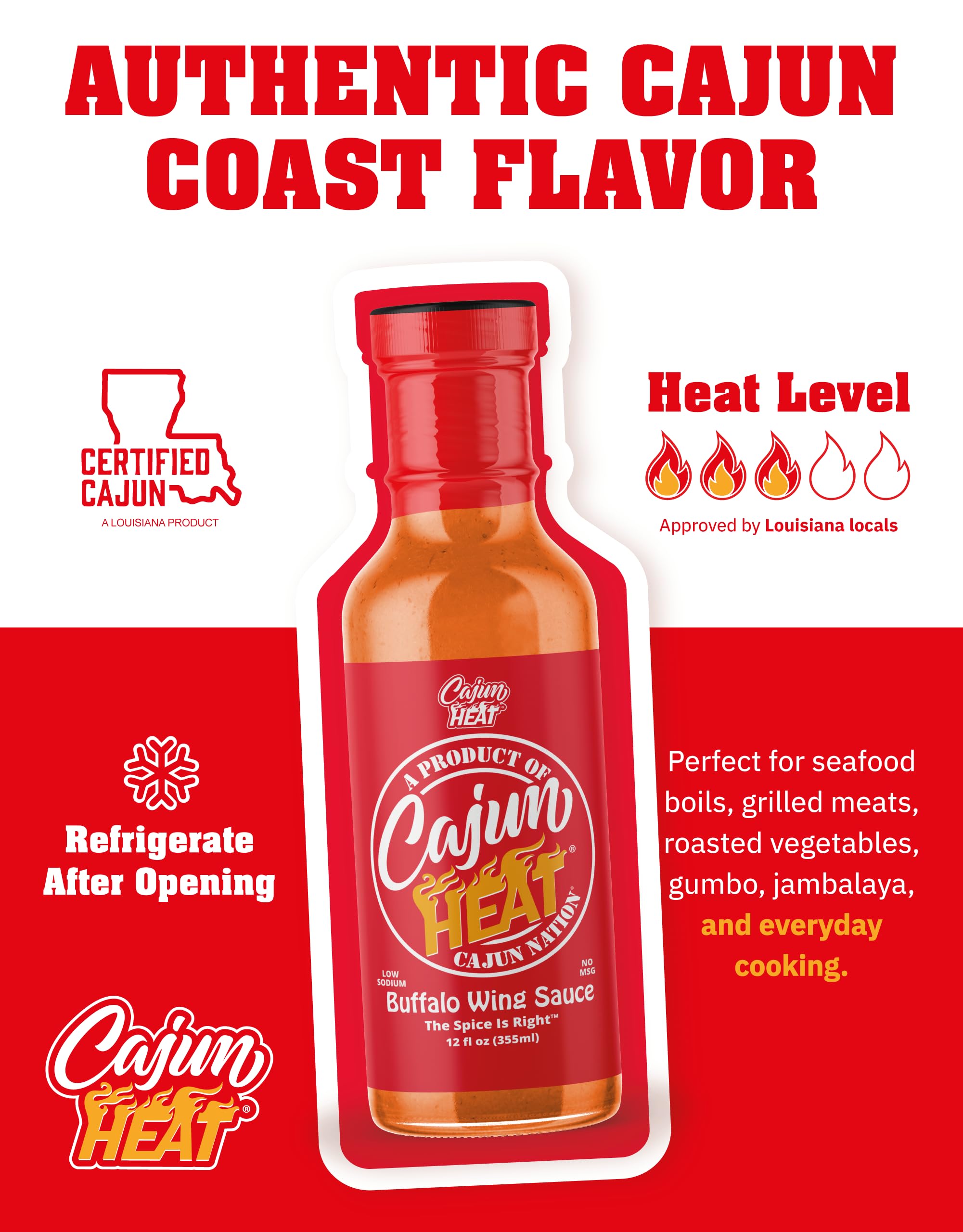 Cajun Nation CAJUN HEAT Buffalo Wing Sauce 12oz - Spicy Flavor for Buffalo Wings, Chicken Dip, and Wild Wings with No MSG - Authentic Louisiana Style