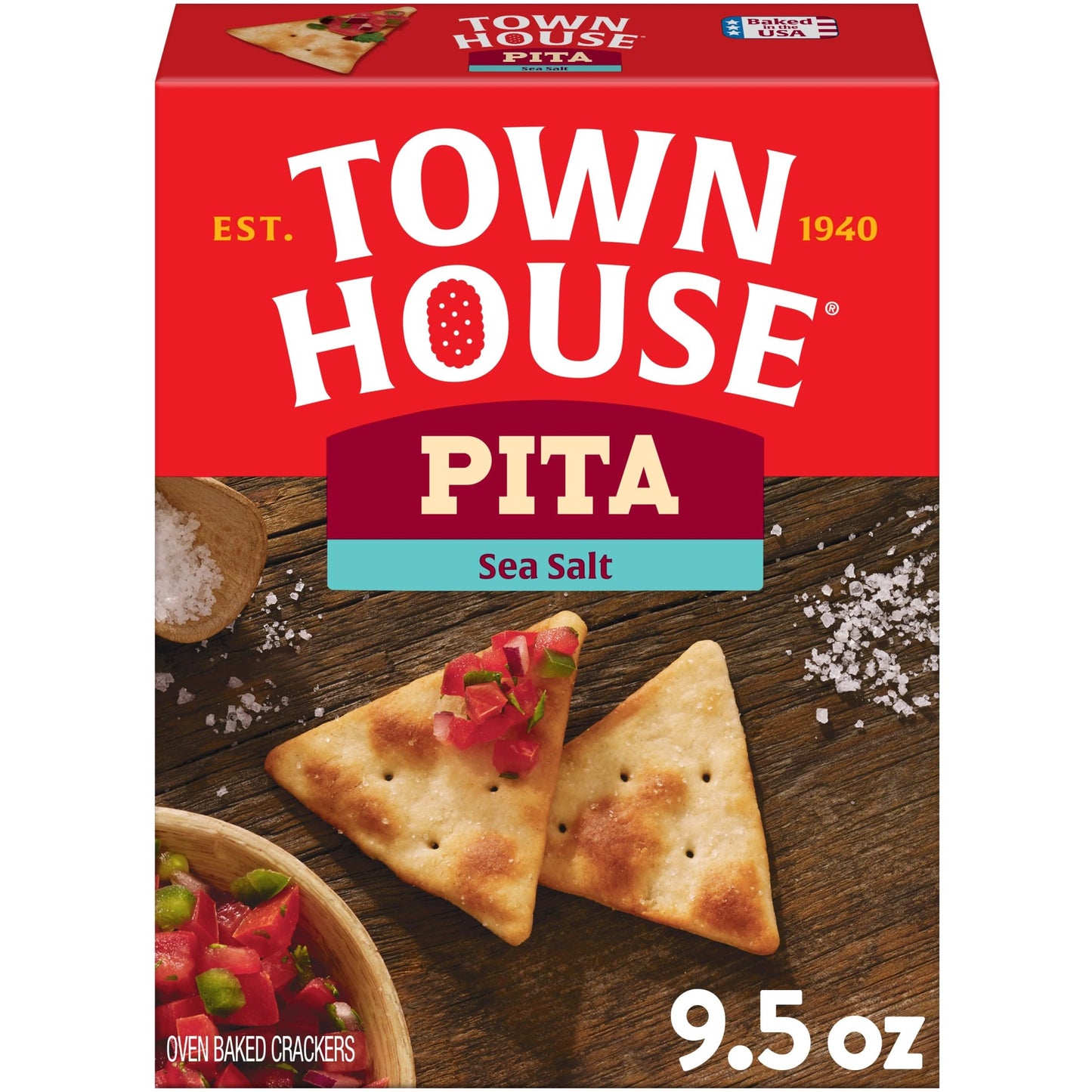 Town House Pita Oven Baked Crackers, Party Snacks, Game Day, Sea Salt 9.5oz Box