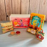 LOVENSPIRE Religious Om Rakhi Hamper for Brother - Includes 2 Colorful Adjustable Bracelet Threads, Chocolate, Haldi Kumkum Holder, Thandai, Roli