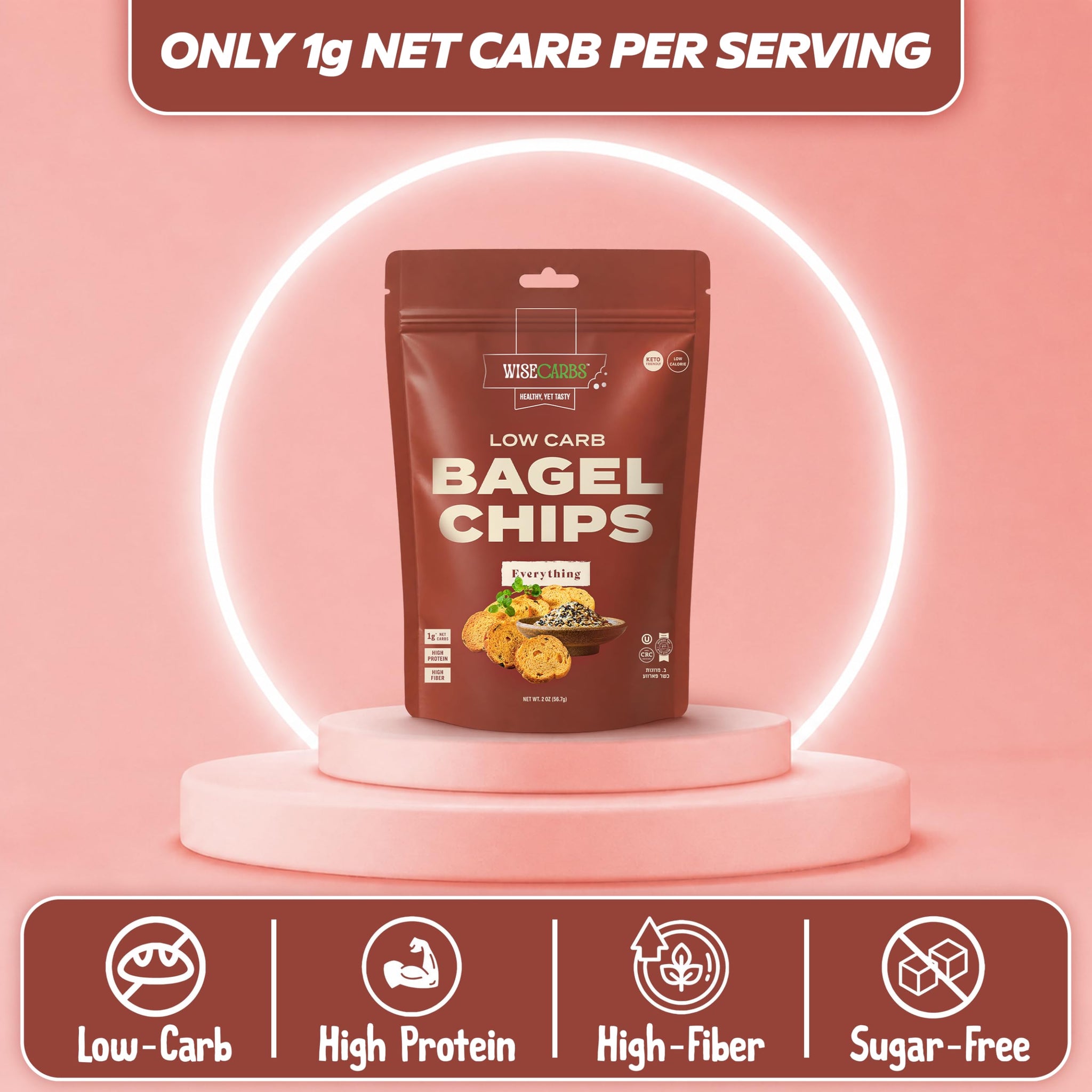 WISECARBS Low-Carb Bagel Chips High Protein Everything Flavor Bagel Chips Keto Crackers Chips - Kosher - Healthy Snacks Low Carb Snacks, Keto Snacks