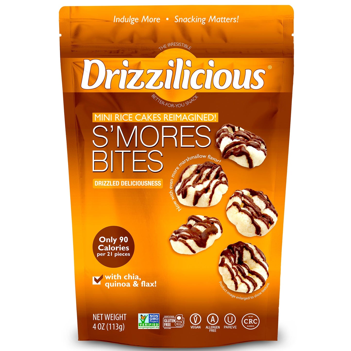 Drizzilicious Mini Flavored Rice Cakes S'mores - Rice Crisps, Healthy Snack for Adults and Kids, Vegan, Gluten Free Snack, Allergen Free, Only 90