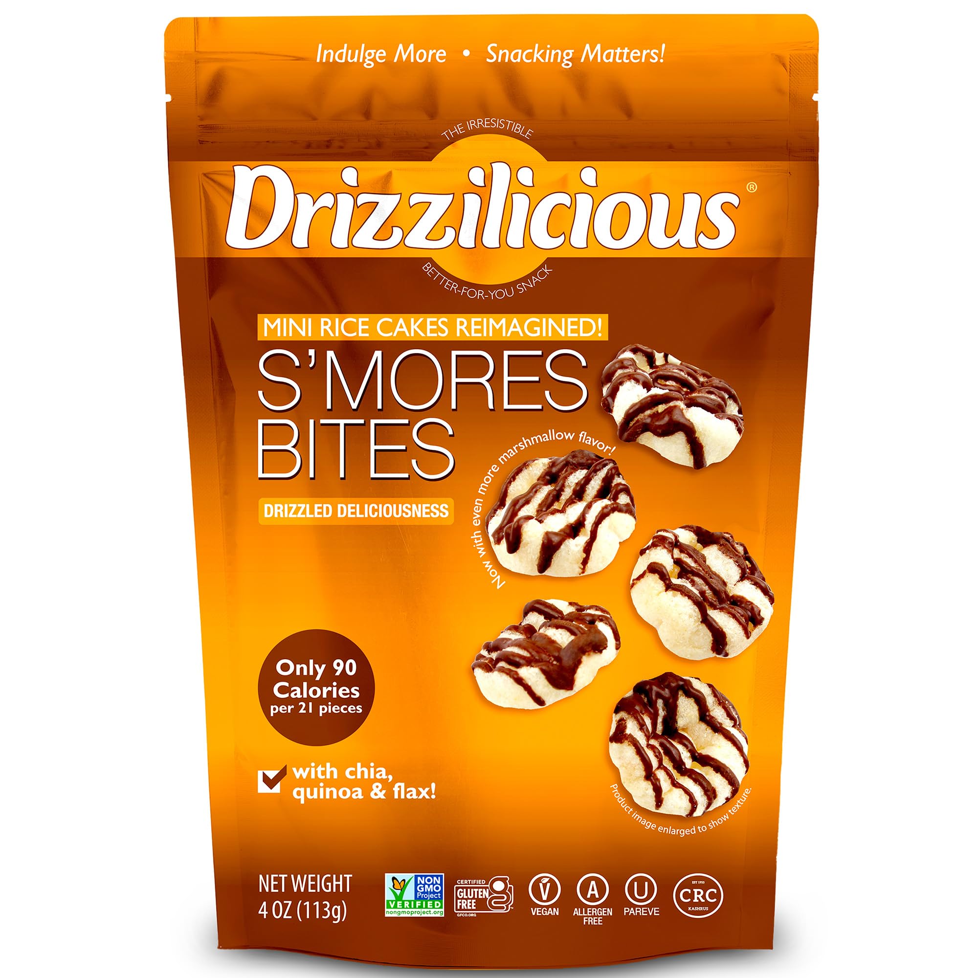 Drizzilicious Mini Flavored Rice Cakes S'mores - Rice Crisps, Healthy Snack for Adults and Kids, Vegan, Gluten Free Snack, Allergen Free, Only 90