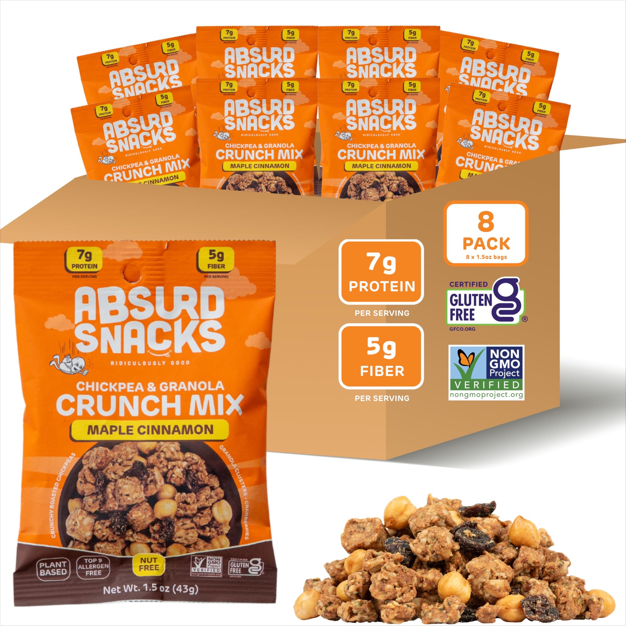 Absurd Snacks Chickpea & Granola Crunch Mix, Nut-Free, Gluten-Free, Plant-Based Snack, Good Source of Protein & Fiber 1.5 Ounce (Pack of 8), Maple