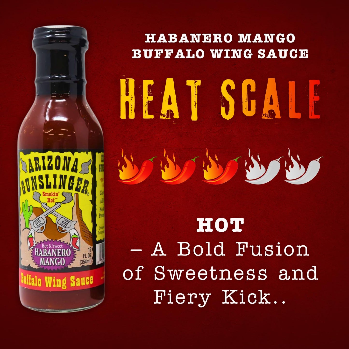 Arizona Gunslinger Habanero Mango Buffalo Wing Sauce Hot & Sweet - Spicy Condiment with Real Peppers and Mango Habanero Sauce, Organic Sweet Chili