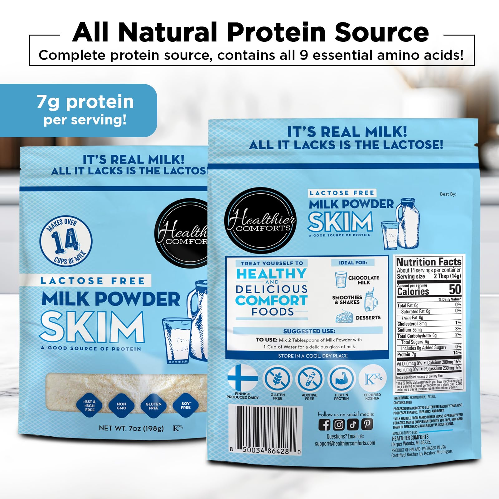 Healthier Comforts Lactose Free Skim Milk Powder | High Protein, Fat Free, Non-GMO, rBST Hormone Free, Kosher, Gluten Free, No Fillers | Baking, Coffee Creamer, Shakes| Makes 14 cups (7 oz) (7 oz)