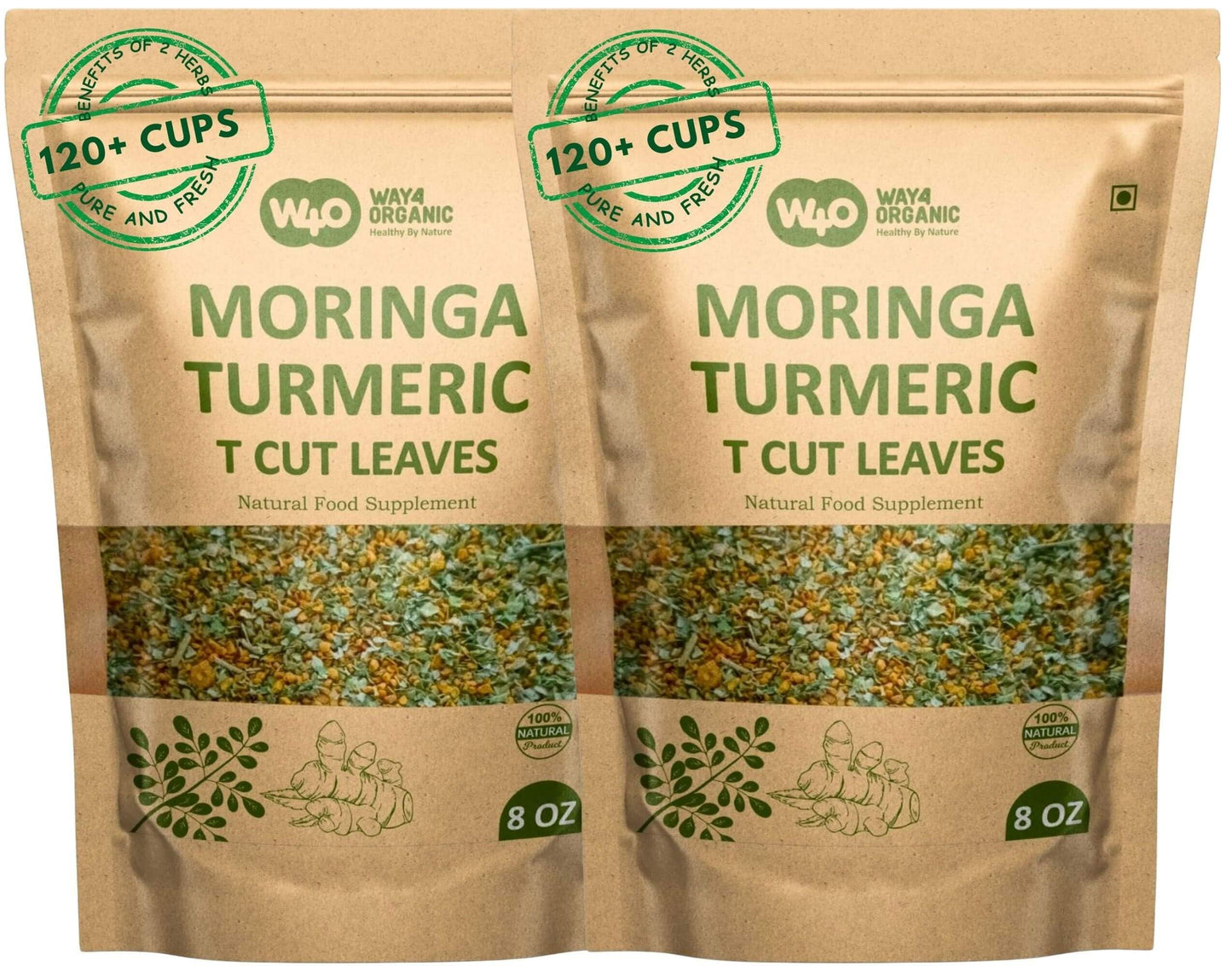 Moringa Leaves Tea with Turmeric 8 oz, Boost Immunity, Caffeine Free, One Tea with Two Benefits (Pack of 2)