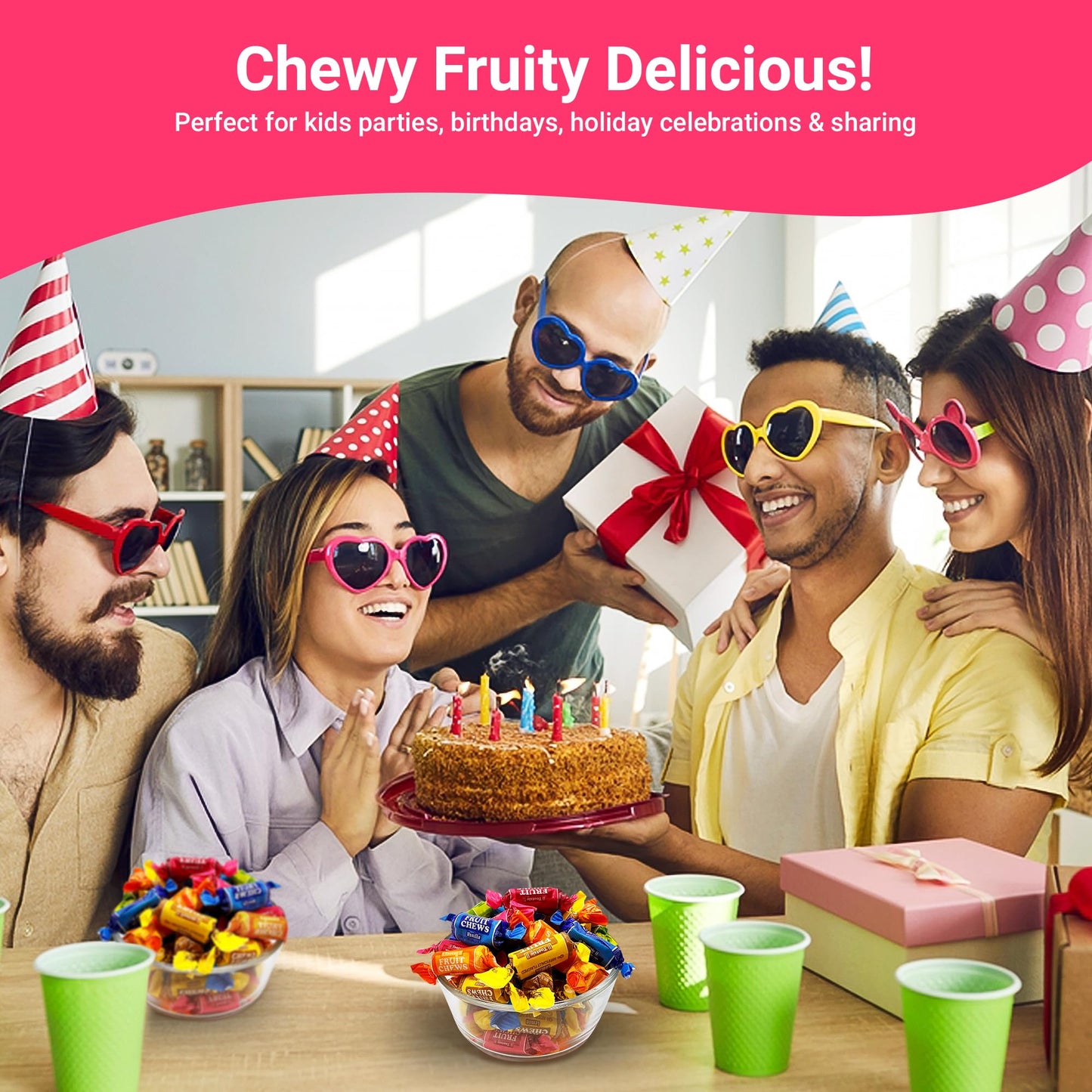 Fruit Chews Candy - 2 Pounds Bulk Bag (Approx. 140 Pieces), Fruit Chews Rolls, 5 Assorted Flavors, Soft & Fruity Taffy Candy, Individually Wrapped