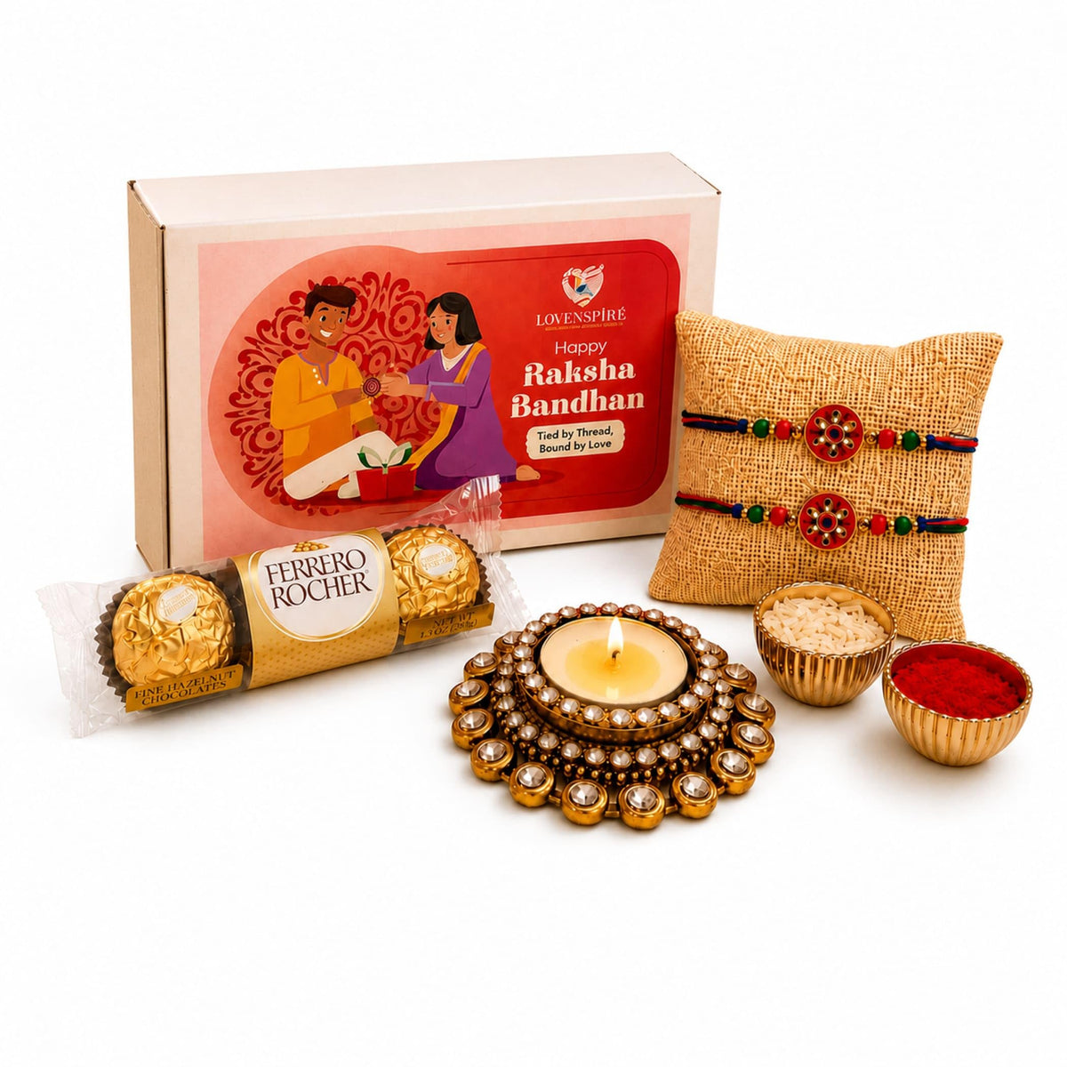 LOVENSPIRE Designer Rakhi Gift Hamper for Brother & Bhabhi - Includes 2 Rakhi Bracelets, Candle Holder, Chocolates, Gift Box & Roli Chawal
