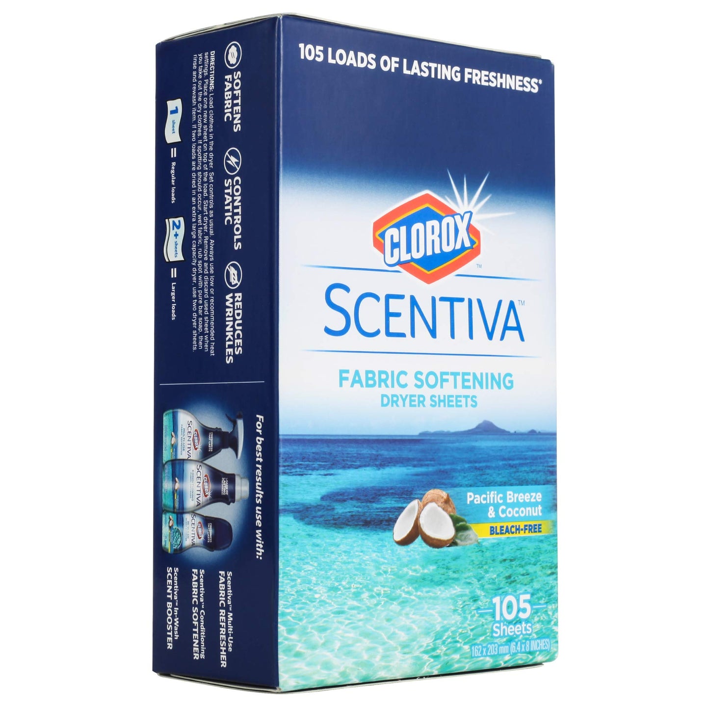 Clorox Scentiva Fabric Softener Dryer Sheets, Pacific Breeze & Coconut Scent - Wrinkle Reducing Scented Softening Laundry Dryer Sheets for Great