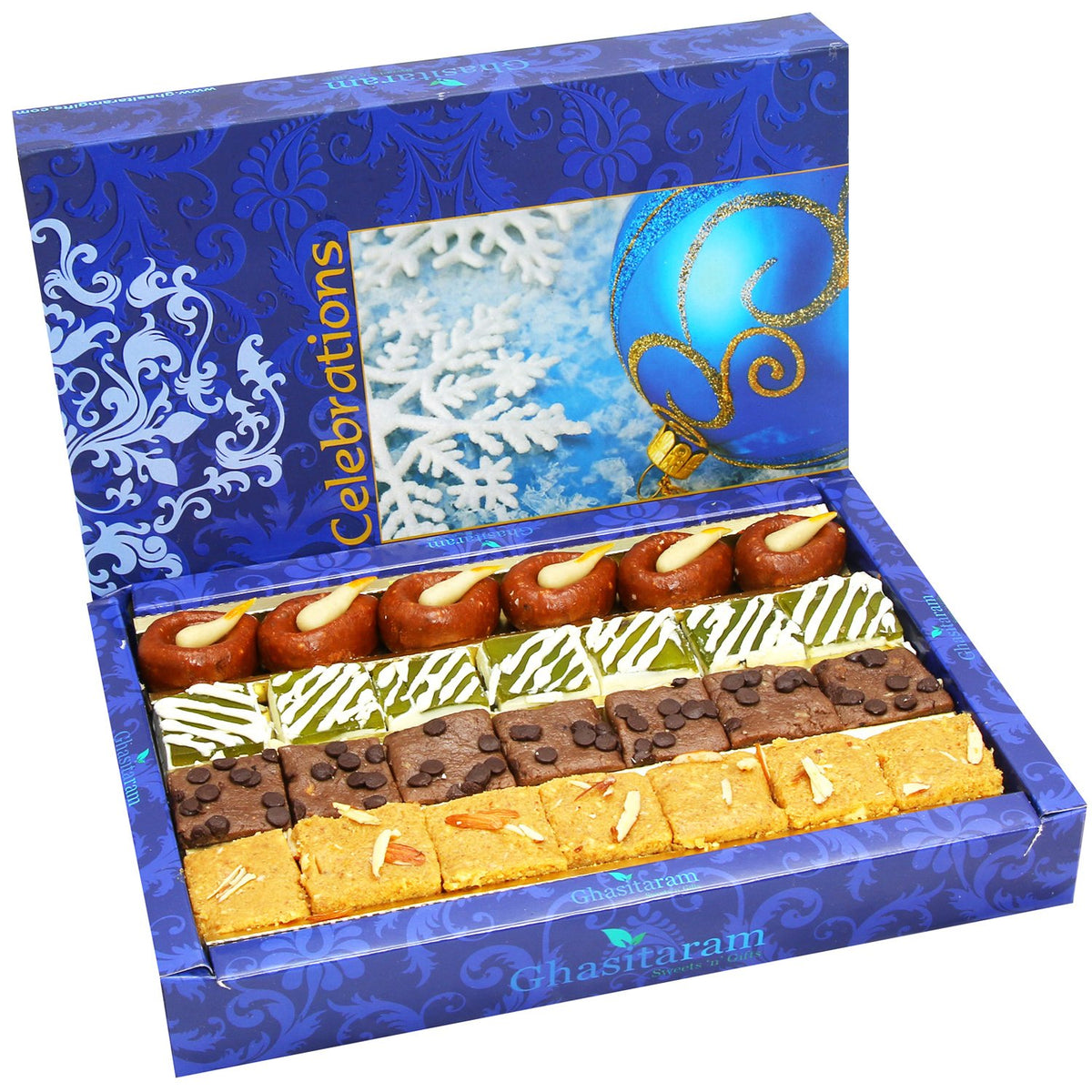 Ghasitaram Gifts Diwali Gifts Sweets- Assorted Box of Kaju Chocolate Barfi,Mango Bite, Mathura Diya and Besan Barfi 800 GMS