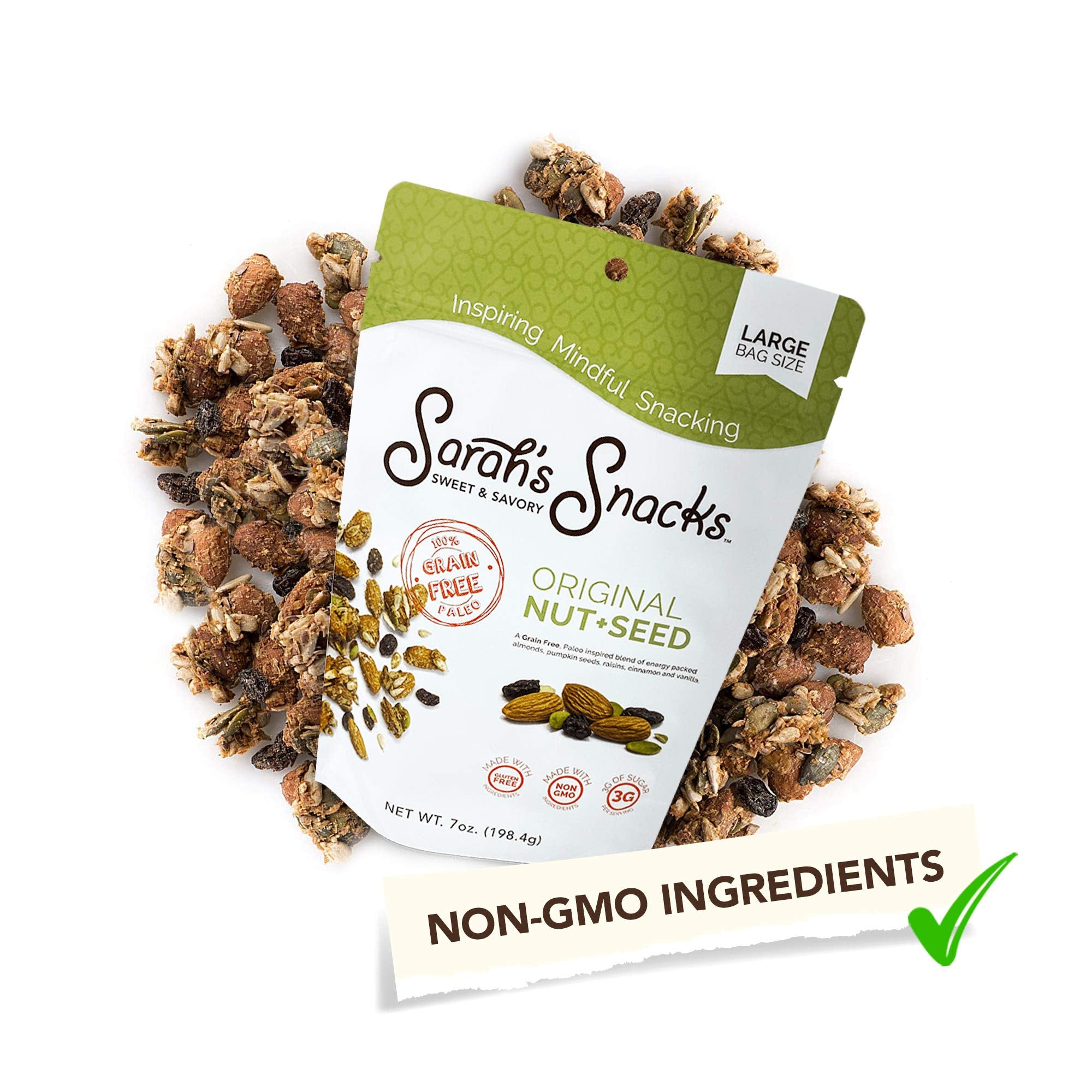 Original Nut and Seed Gluten and Grain Free Snack Mix, Dairy Free and Low Sugar Snacks, Non-GMO, Low Carb and Paleo Granola, 7 oz Bag - Sarah's Sweet