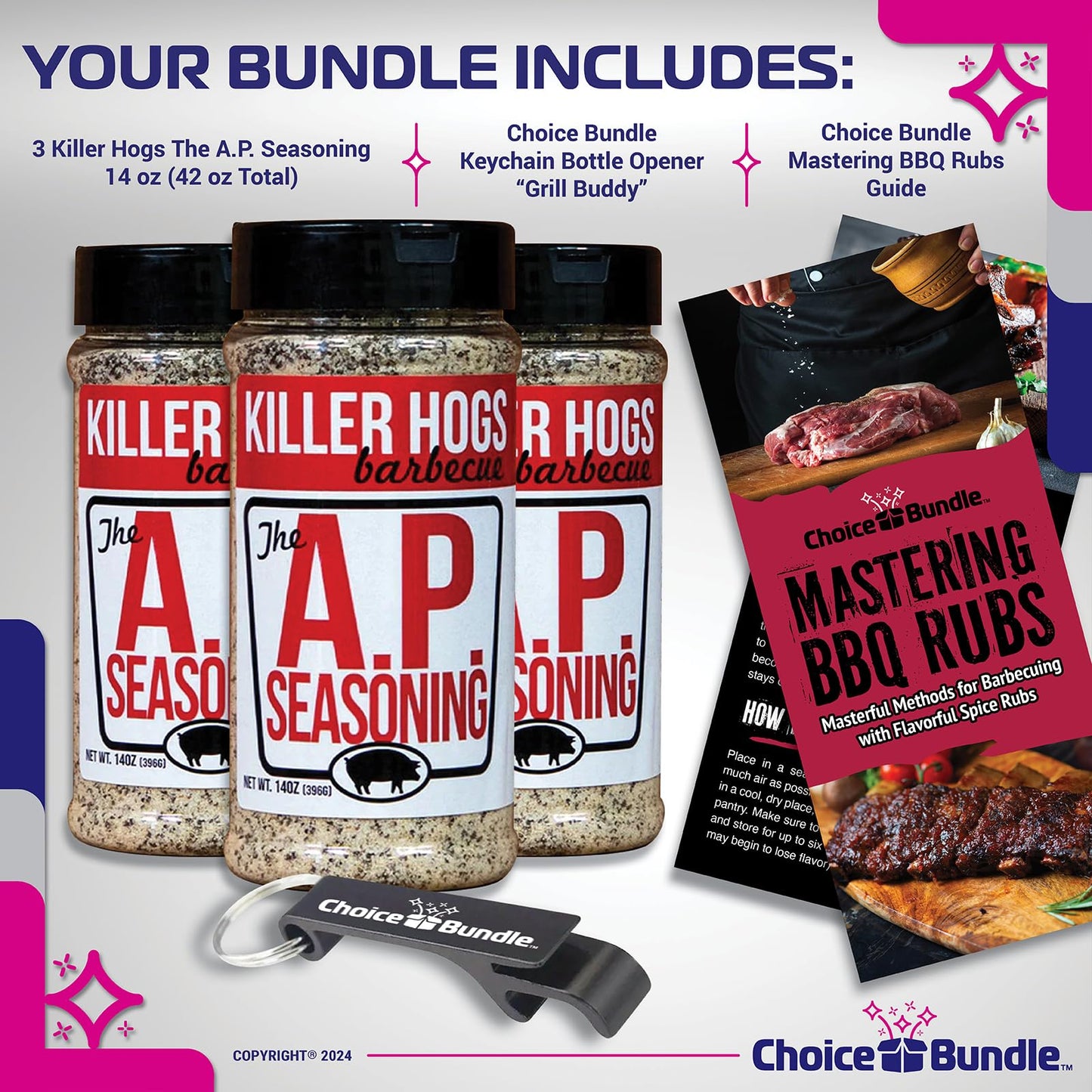 Killer Hogs AP Seasoning All Purpose Premium Barbecue Rub 3 pk (42 oz) + BBQ Guide & Bottle Opener (5 Items)!
