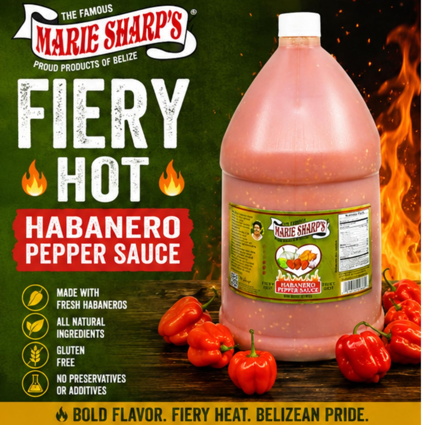 Marie Sharp’s Fiery Hot Habanero Pepper Sauce, 1 Gallon - Extra Hot Belizean Hot Sauce with Intense Heat & Flavor - All-Natural, Gluten-Free