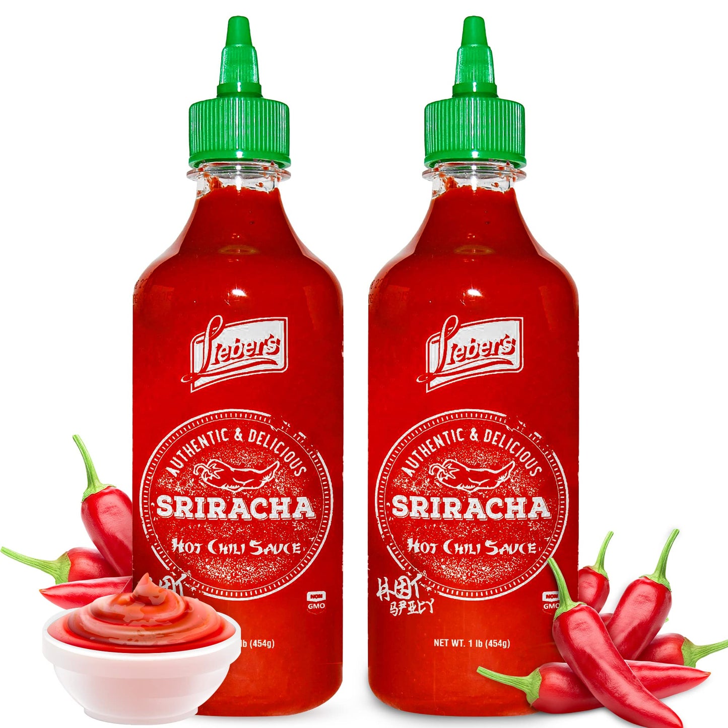 Lieber's Sriracha Hot Chili Sauce, Authentic And Delicious, Non-GMO, No MSG, Gluten-free, Cholesterol-free, and Vegan, NET WT. 1 lb (Pack of 2) (454g)