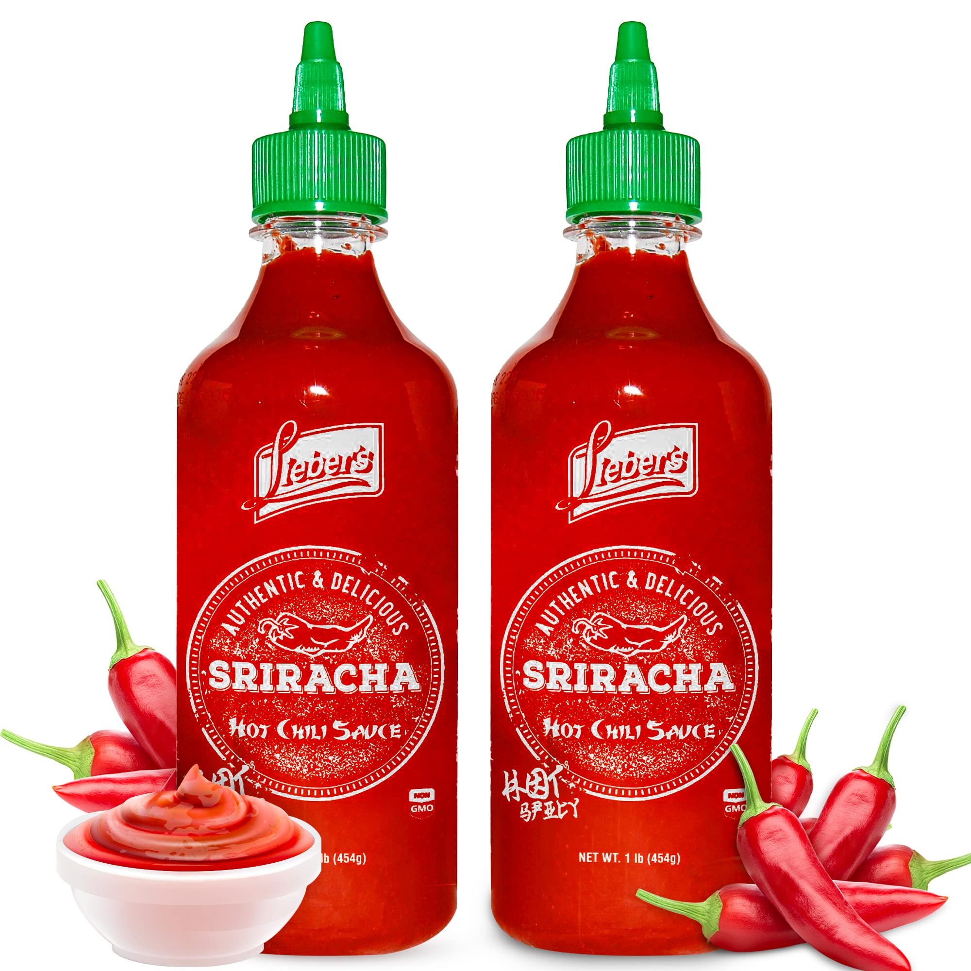 Lieber's Sriracha Hot Chili Sauce, Authentic And Delicious, Non-GMO, No MSG, Gluten-free, Cholesterol-free, and Vegan, NET WT. 1 lb (Pack of 2) (454g)