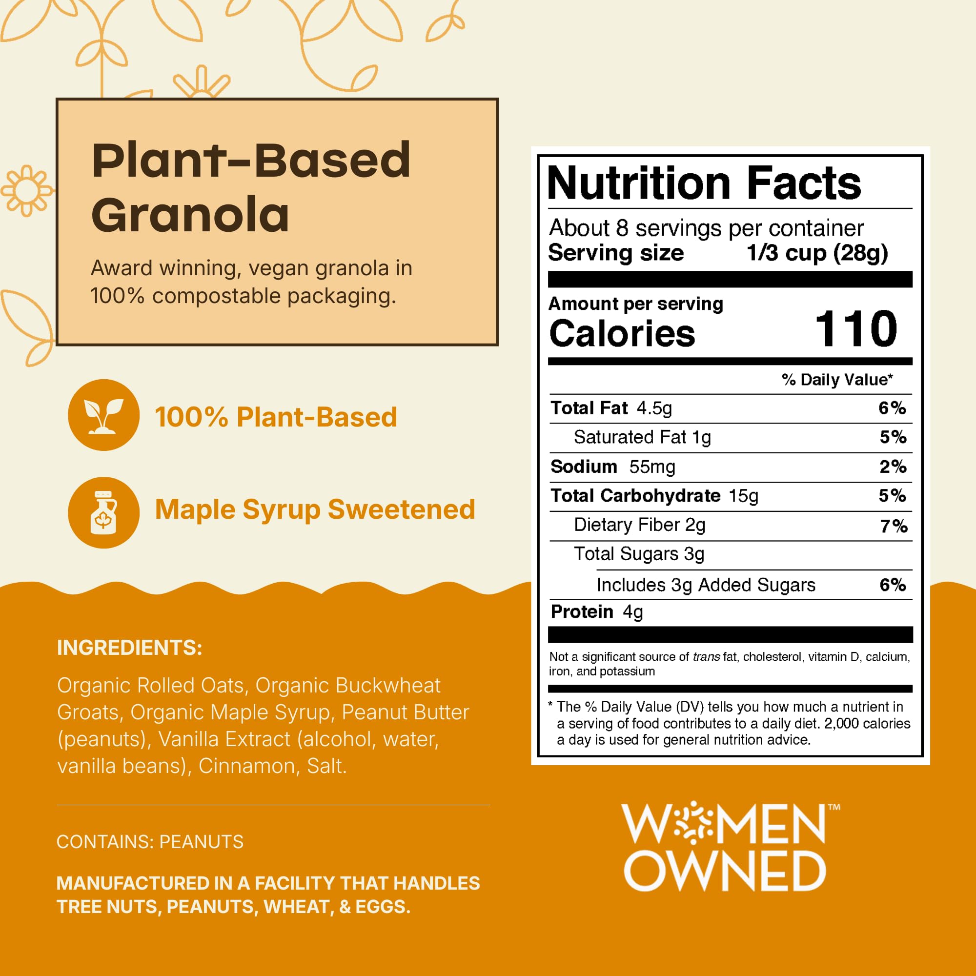 Rooted Living Peanut Butter Crunch Granola, 8 Oz, Organic Rolled Oats and Sweetened with Maple Syrup, Healthy Vegan Snack, Topping, or Breakfast