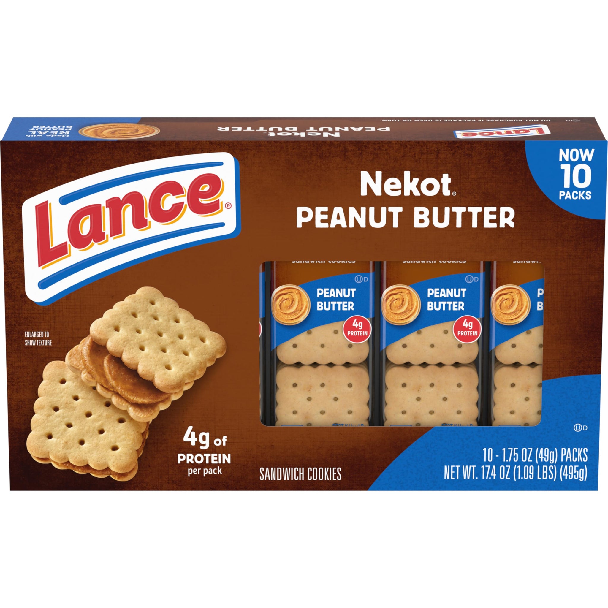 Lance Sandwich Cookies, Nekot Peanut Butter, 10 Individually Wrapped Packs, 6 Sandwiches Each