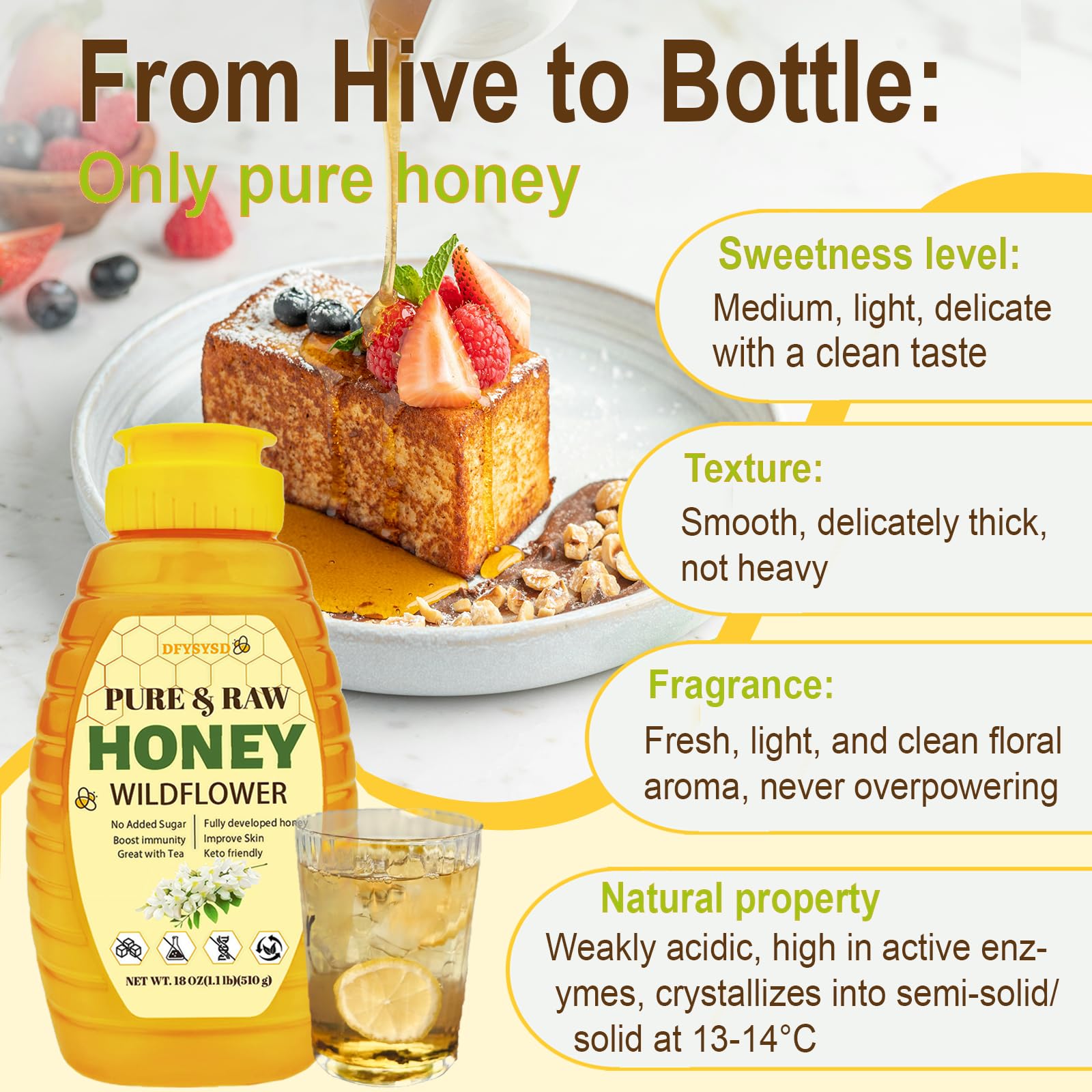 Wildflower Honey, 100% Raw Unfiltered Honey, 18oz/510g, Natural and Pure, Fresh Sweetness, Floral, a Hint of Fruit, for Milk, Tea & Daily Wellness