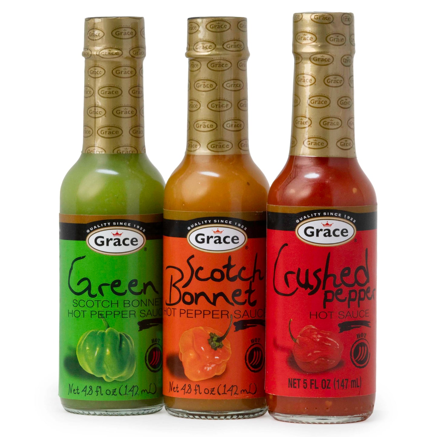 Grace Hot Pepper Sauce Hot Pack - 3 Assorted Flavors- Yellow Scotch Bonnet, Green Scotch Bonnet, Red Crushed Pepper