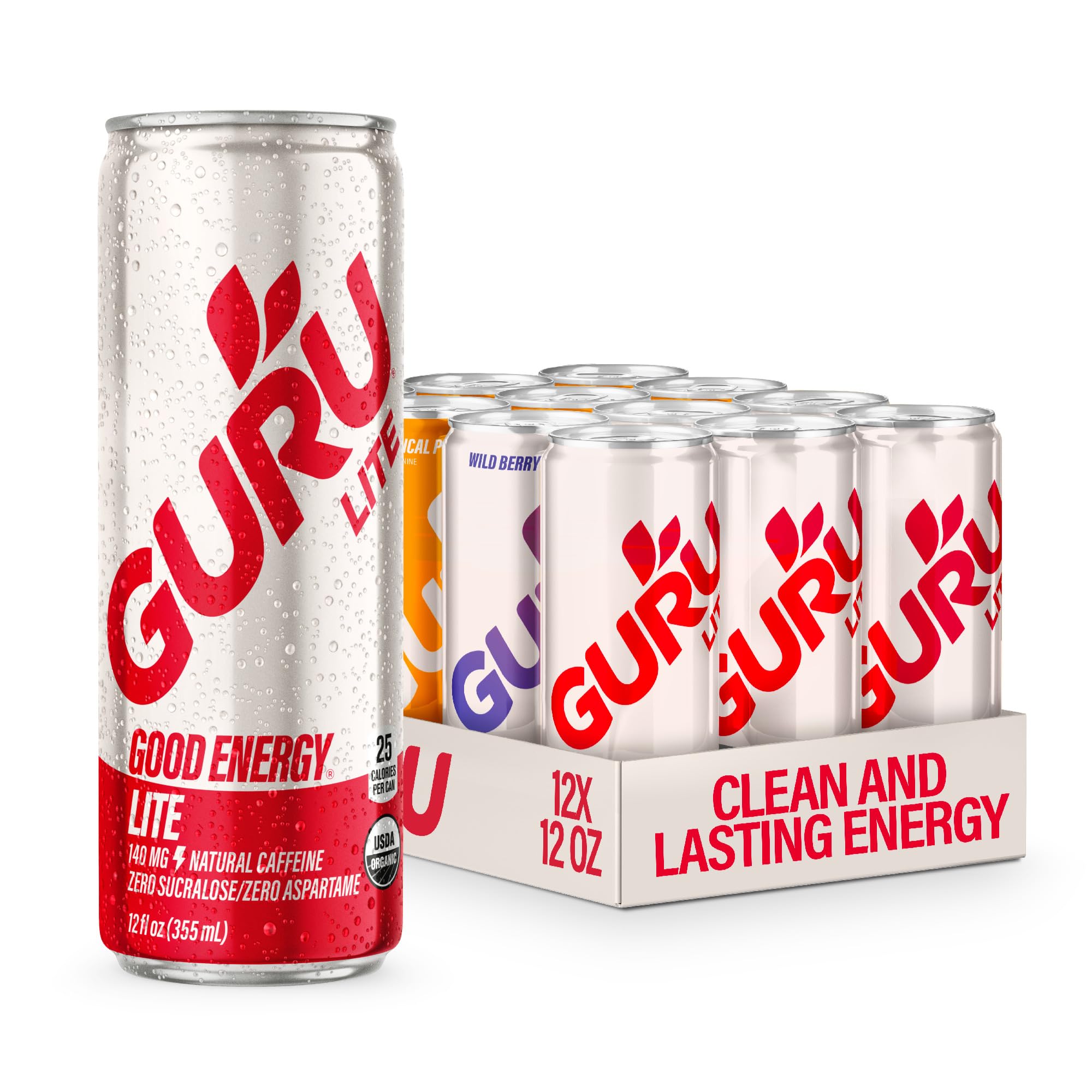 GURU Organic Energy Drinks Variety Pack, Clean Energy Drink with Plant Based Natural Caffeine from Green Tea, Gluten Free and Vegan, 140MG Caffeine
