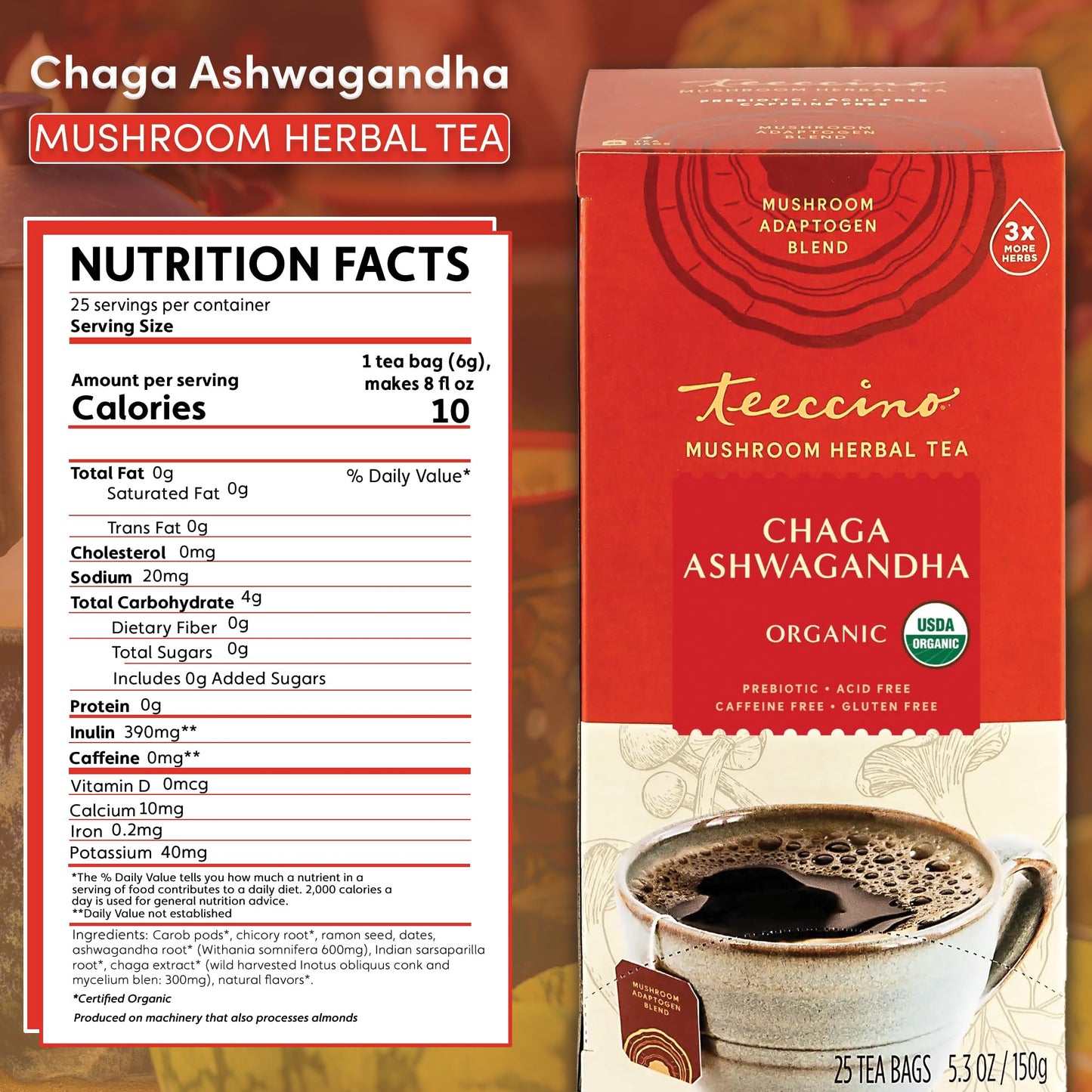 Teeccino Chaga Ashwagandha Tea - Butterscotch Cream - Organic Mushroom Adaptogenic Herbal Tea, 3x More Herbs than Regular Tea Bags, Prebiotic