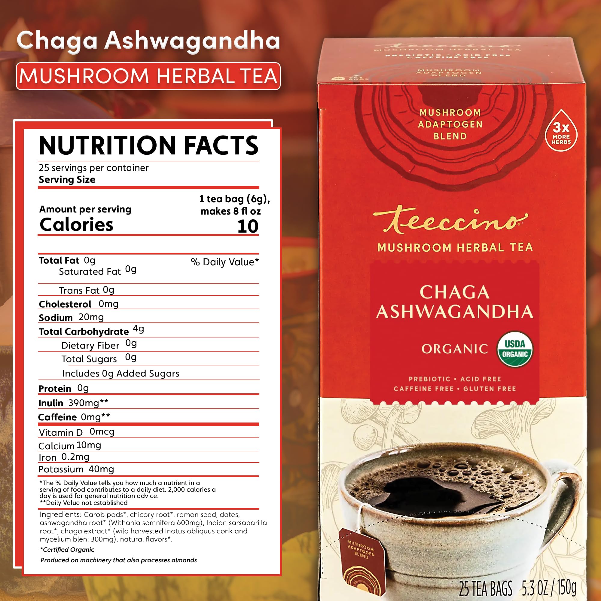 Teeccino Chaga Ashwagandha Tea - Butterscotch Cream - Organic Mushroom Adaptogenic Herbal Tea, 3x More Herbs than Regular Tea Bags, Prebiotic