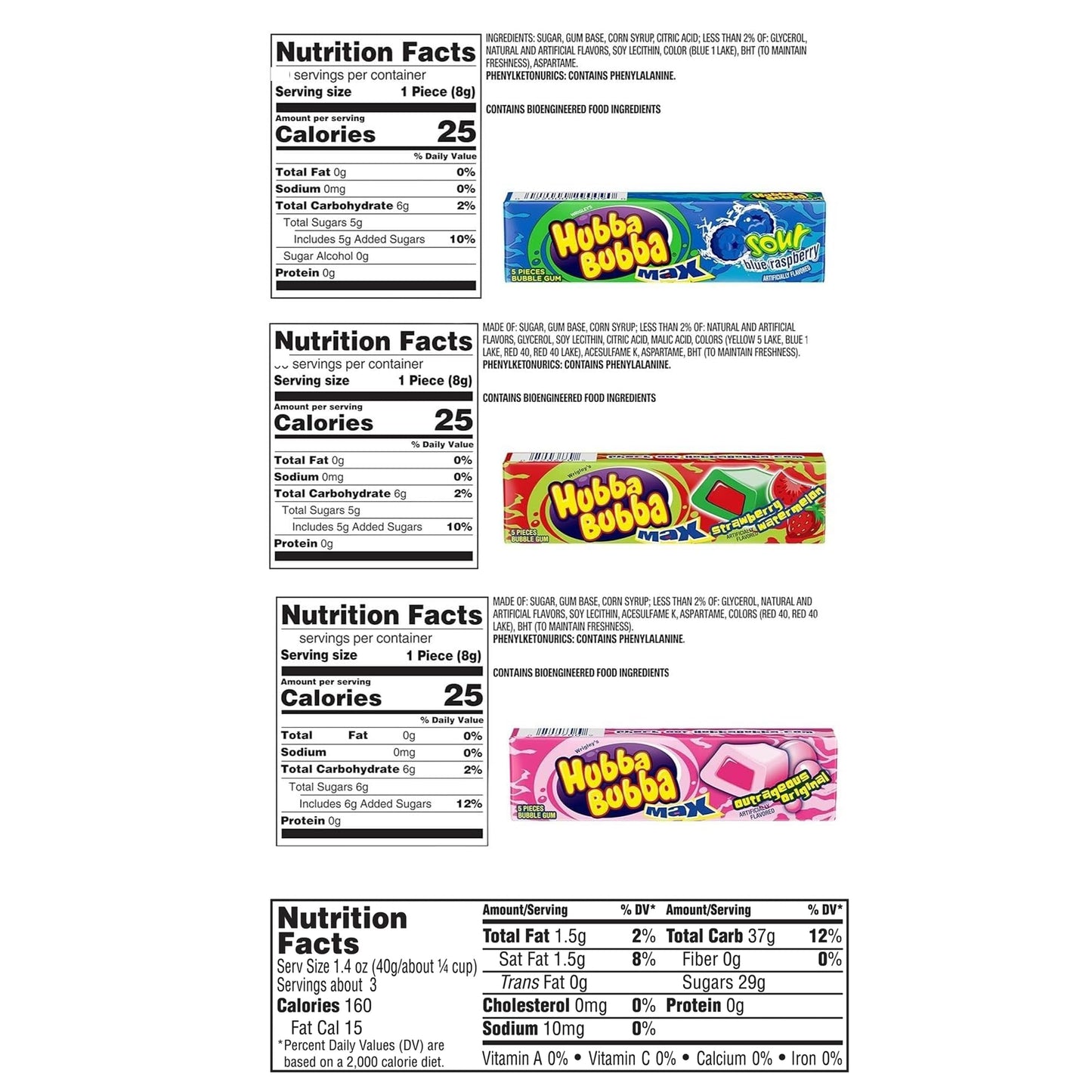 Gum Variety 8 Pack- Including 2 Packs Each of 4 Flavors- Max Strawberry Watermelon, Sour Blue Raspberry, Outrageous Original, and Juicy Fruit Original